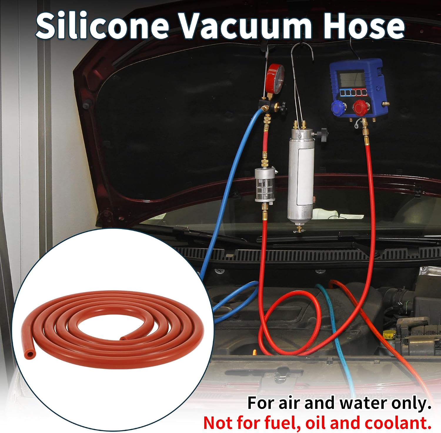 Silicone Vacuum Tubing Hose 130PSI Max Pressure Automotive Vacuum Line Red with Vacuum Connector 1 Set 6.6Ft 4/6/8/12mm ID 3mm Thickness
