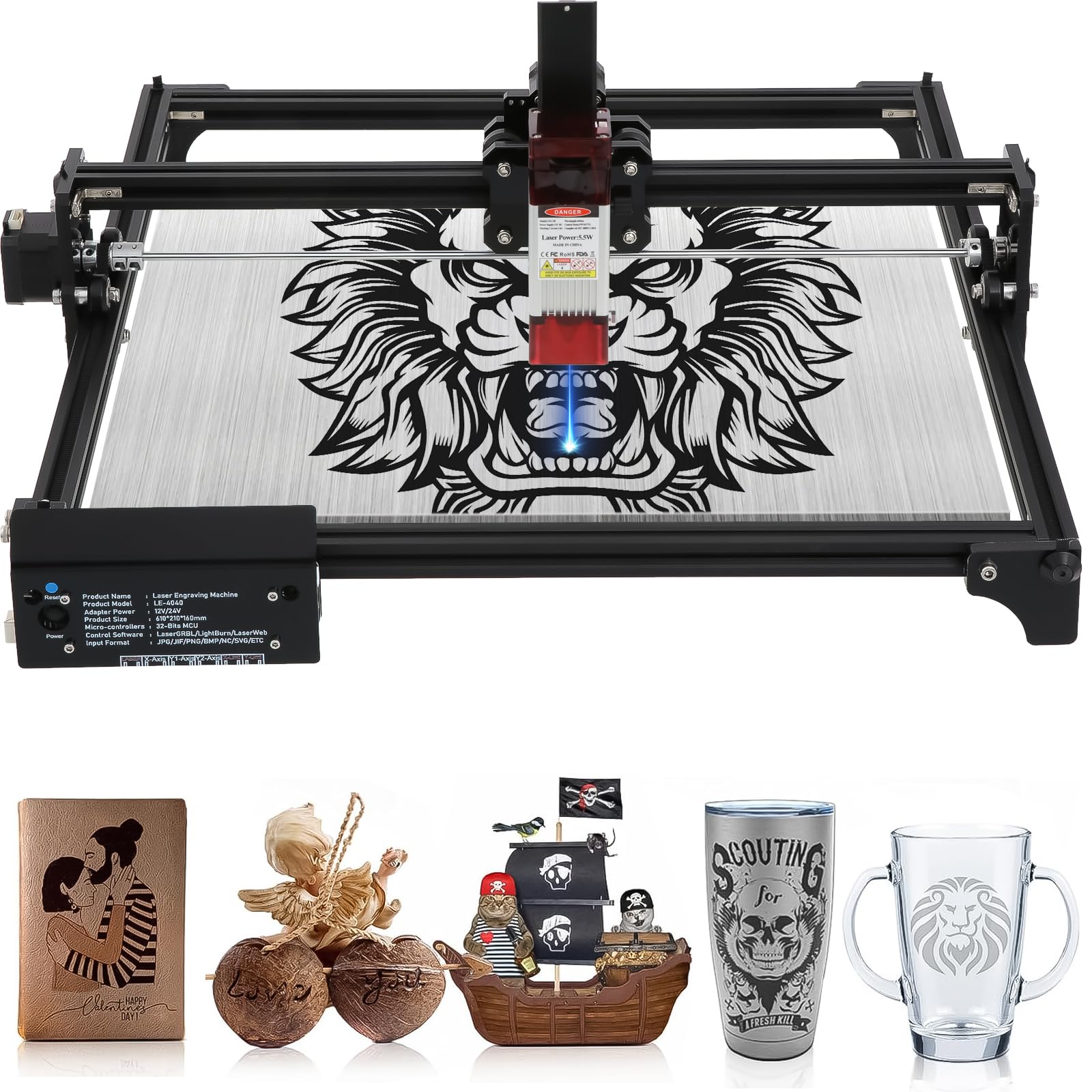 Laser-Graviermaschine,5,5W Ausgangsleistung, komprimierter Punkt & fester Fokus, praktische DIY Gravurmaschine für Holz, Papier, Blätter, Acryl, Leder und weitere Materialien