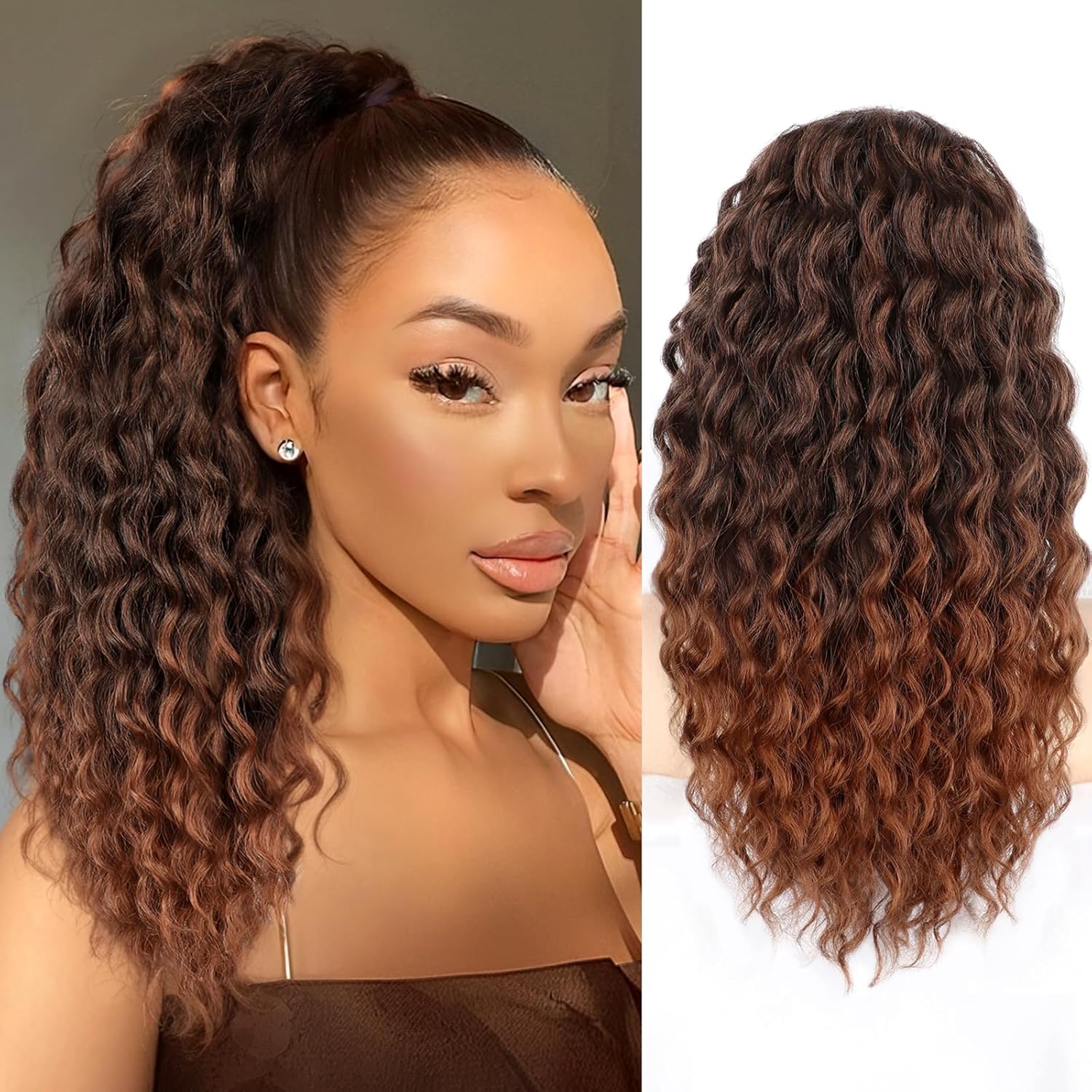 Ponytail Extension, Curly Drawstring Ponytail Extension for Women 18 Inch Curly Wavy Ponytail Yaki Textured Natural Fluffy Synthetic Hairpiece for Daily Use 18 Inch T1B/30
