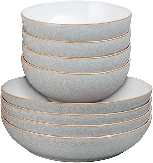 Elements Pasta & Cereal Bowl 8 Piece Set - Light Grey, Dishwasher & Microwave Safe, Oven Proof Stoneware Dishes - 4 x Pasta & Cereal Bowls - Ceramic, Chip Resistant Tableware for Everyday Use