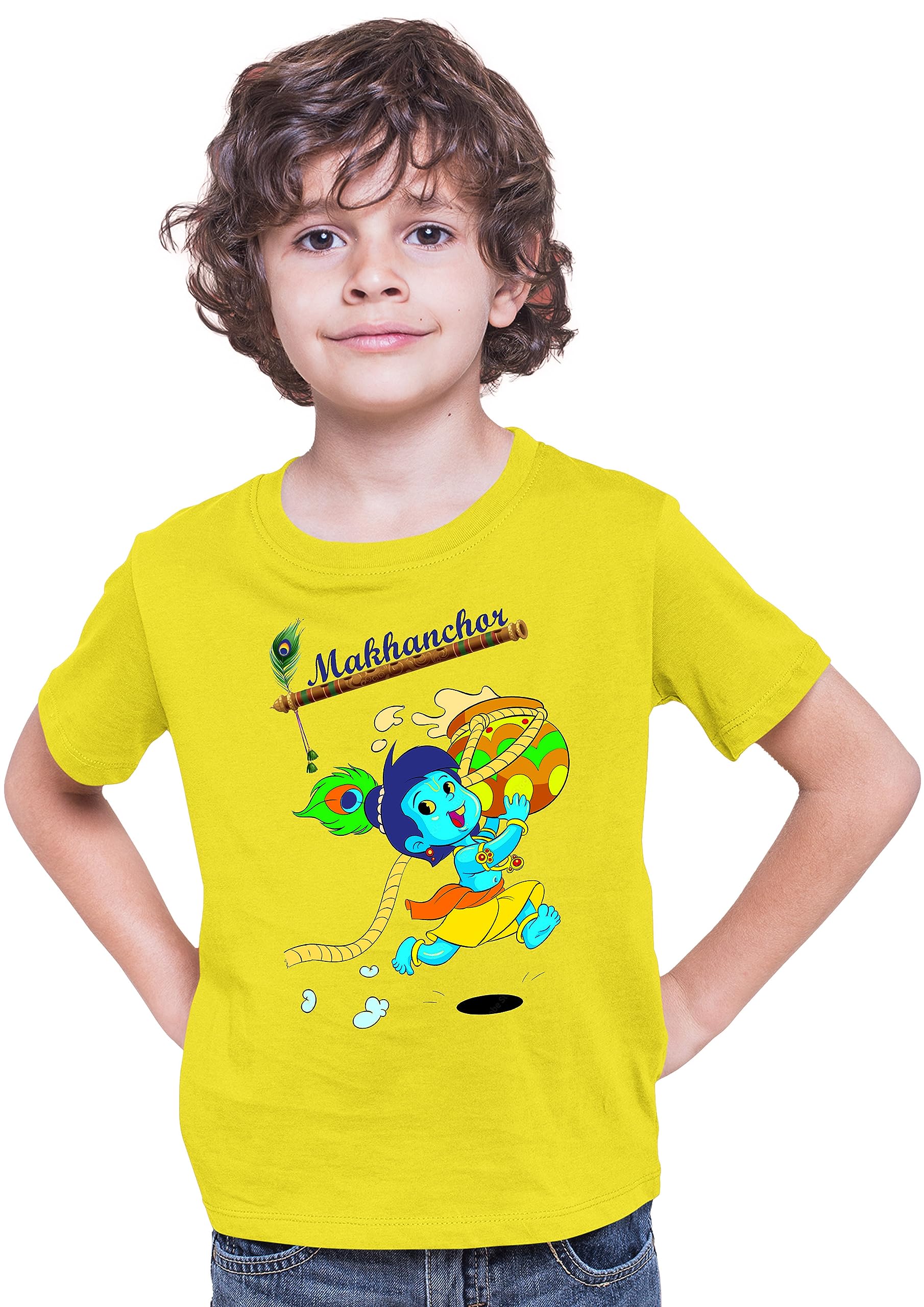 PrintabulousPolyester Hare Krishna Janamashtmi Tshirts for Kids Yellow D2
