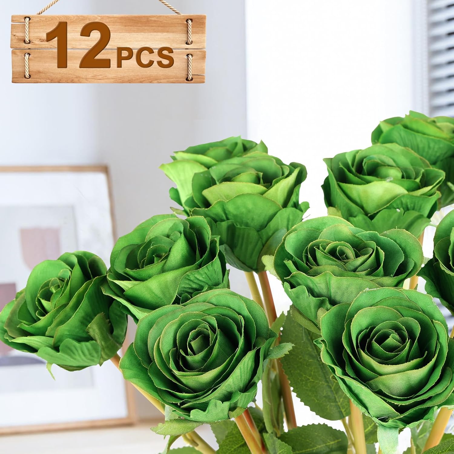 Hananona Artificial Roses Flowers for St. Patrick's Day，12 Pcs Silk Green Rose Bouquet for Spring Home Decoration, Green Faux Roses for Wedding - Image 2