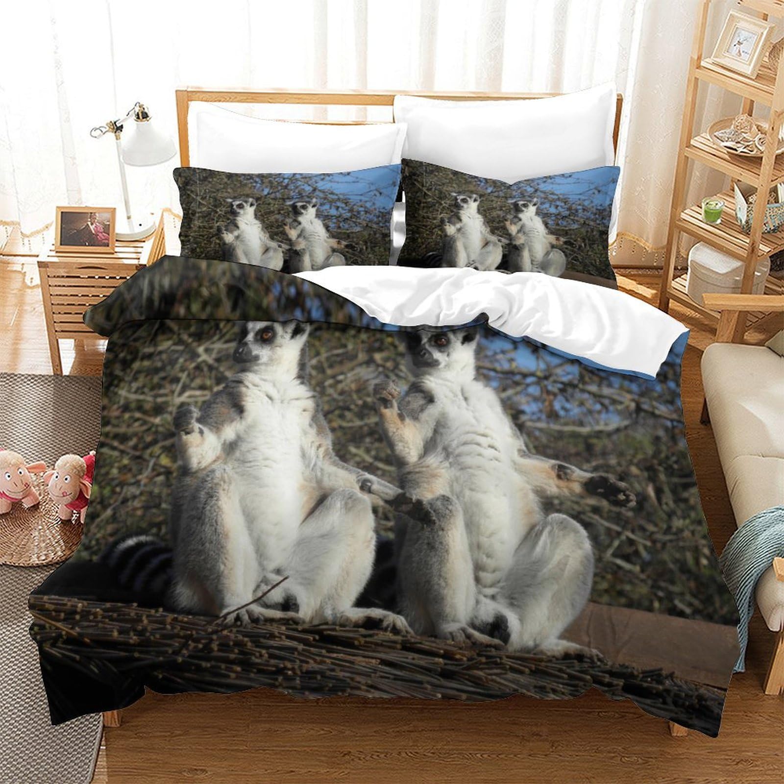P1S9U7W5Y Wild Lemur 3D Printed Animal Duvet Cover Set 3pcs Microfiber Nature Bedding Set SuperKing