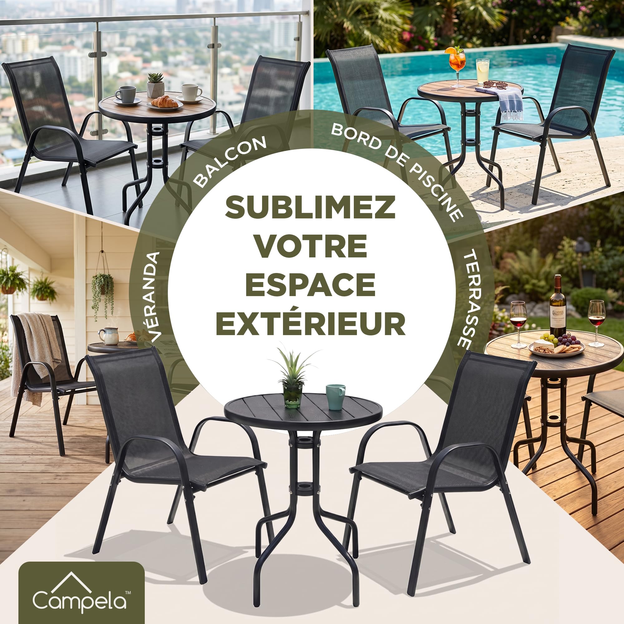 CA1045 Ensemble de Jardin pour Balcon - Table Ronde et 2 Chaises Gris foncé - Design Compact - pour Balcon, terrasse, Jardin - Hauteur de la Table 70 cm, chaises 90 cm