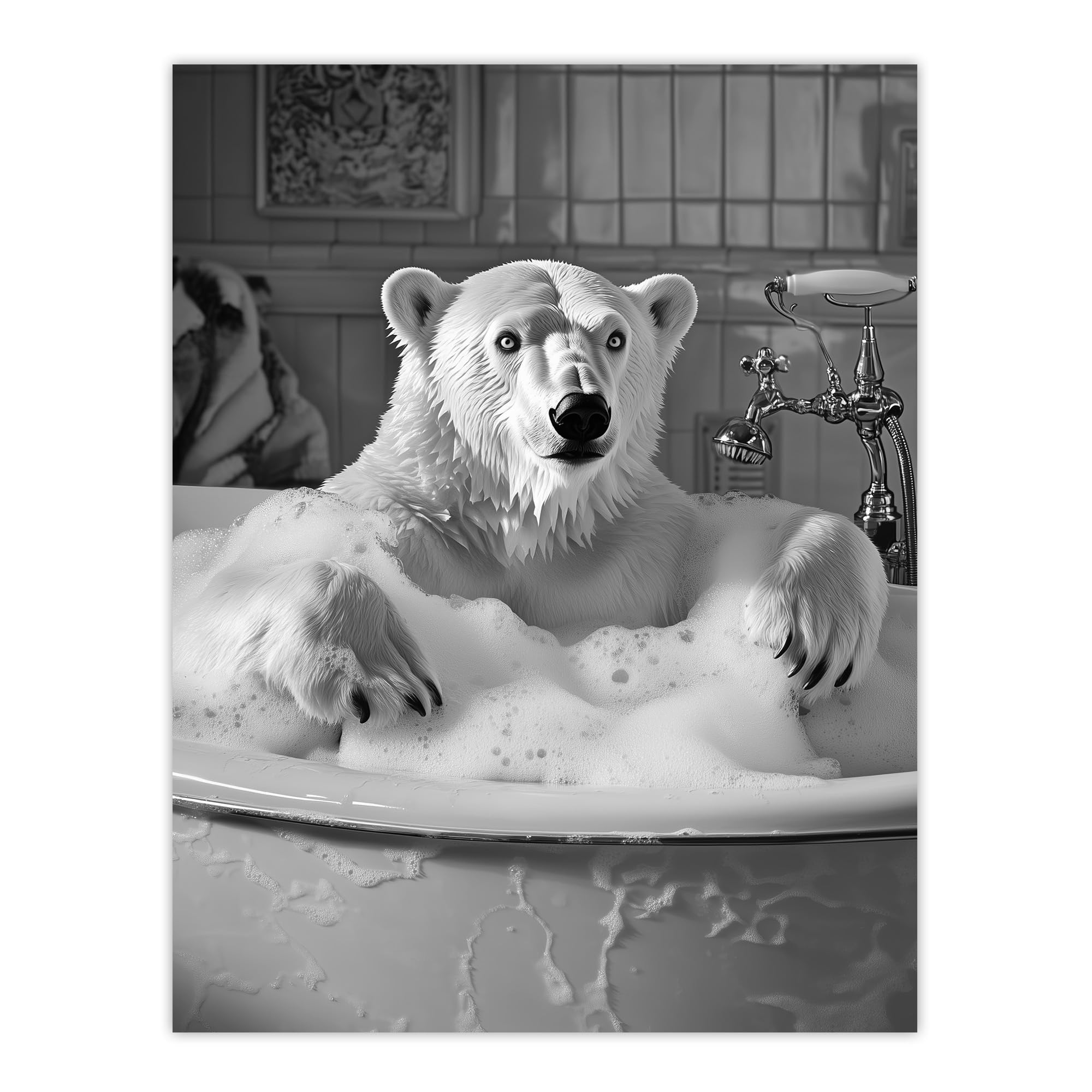 Artery8 Polar Bear Bathtub Bubble Bath Black White Funny Living Room Large Wall Art Poster Print Thick Paper 18X24 Inch