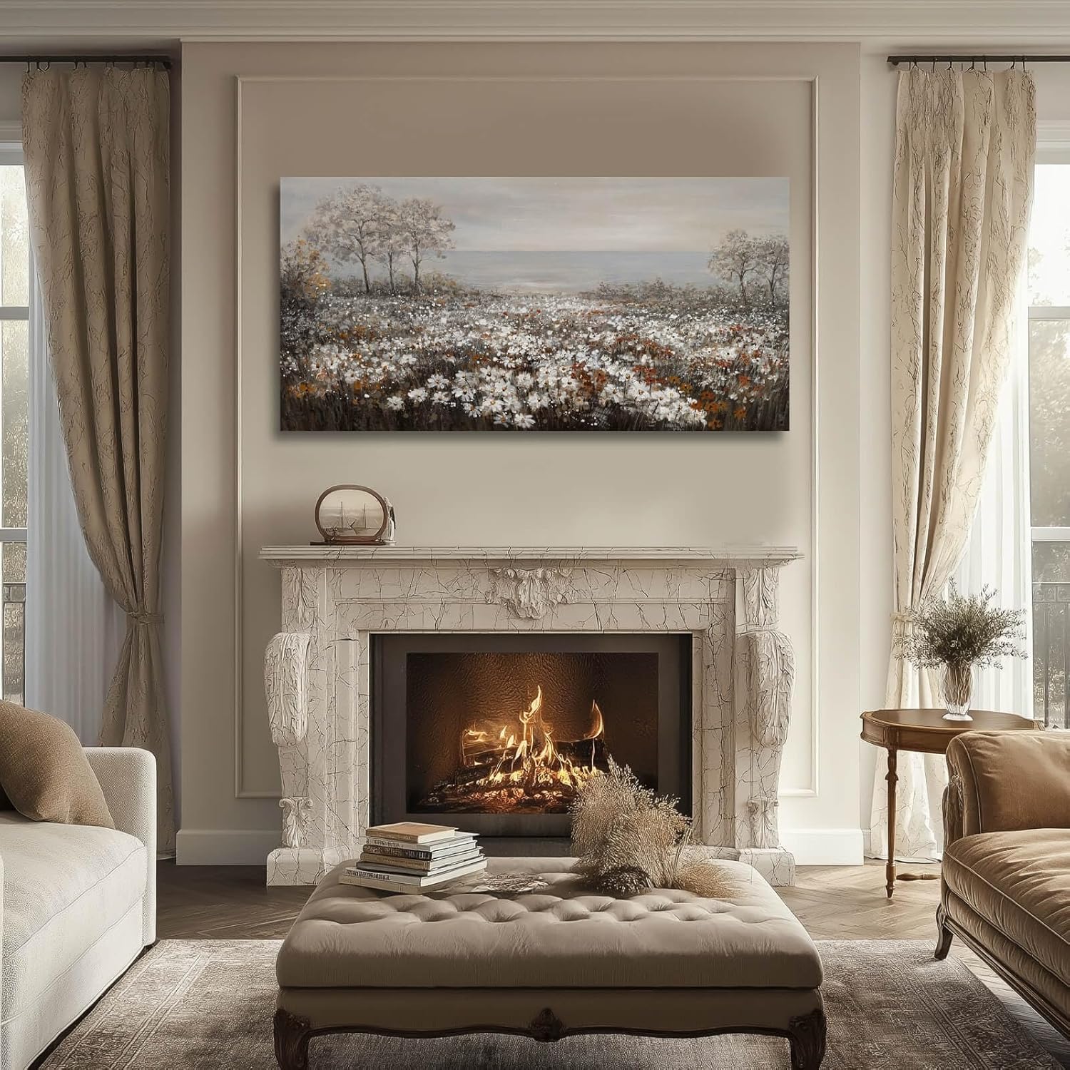 GAIDUOMAI Farmhouse Decor Tree and Ocean Wall Art White Flowers Vintage Artwork 24"x48" Grey Pictures Wall Decor for Dining Room Bedroom Office