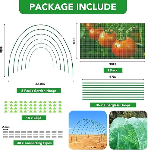 Miniatura 3 de Kit de red de malla de jardín para camas elevadas, red de jardín verde de 10 x 30 pies y 6 juegos de aros de jardín de fibra de vidrio, cubierta de