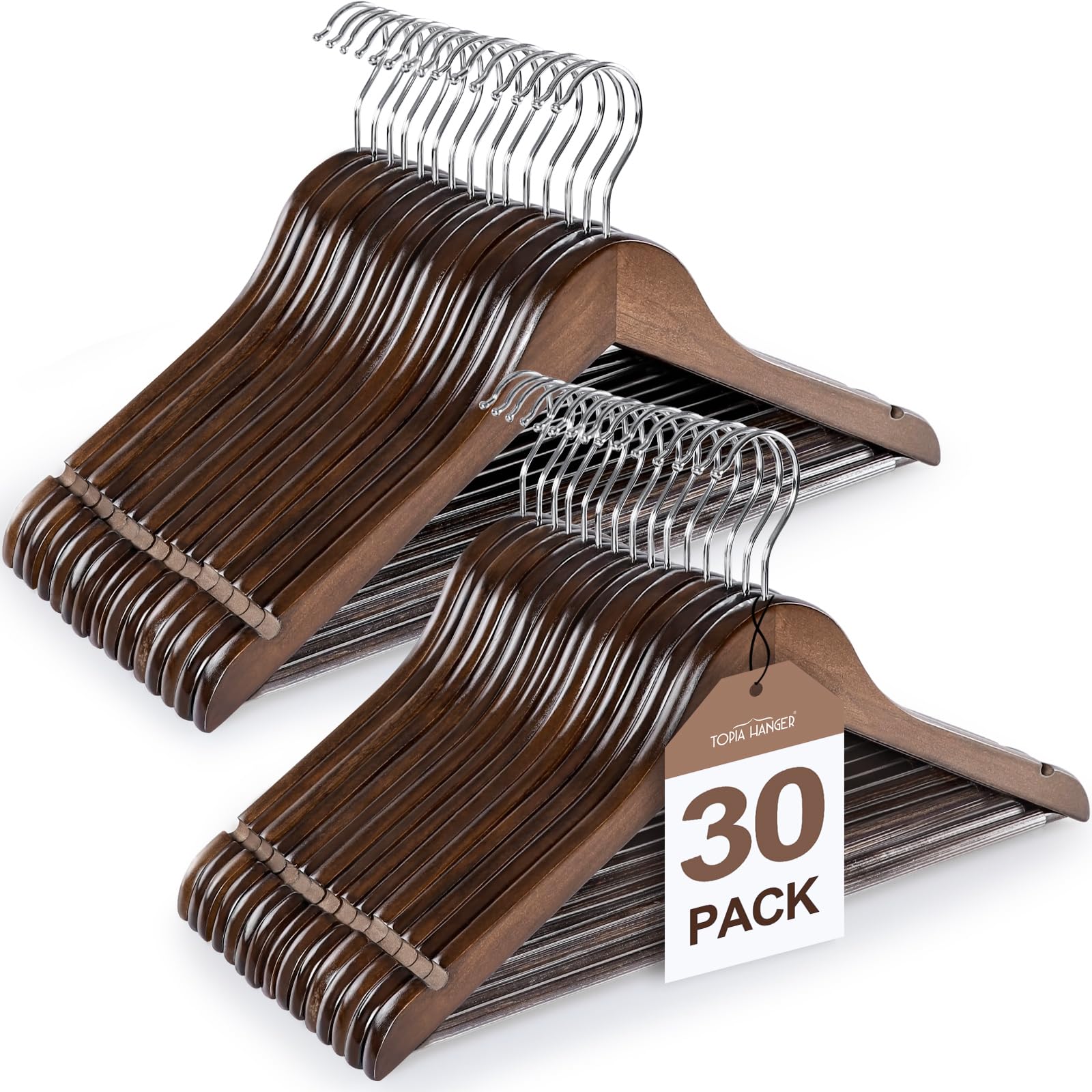 TOPIA HANGER CT34A30 Lot de 30 cintres Vintage en Bois avec Barre antidérapante, Crochet pivotant à 360° et encoches d'épaule pour Camisole, Veste, Pantalon, Finition Lisse