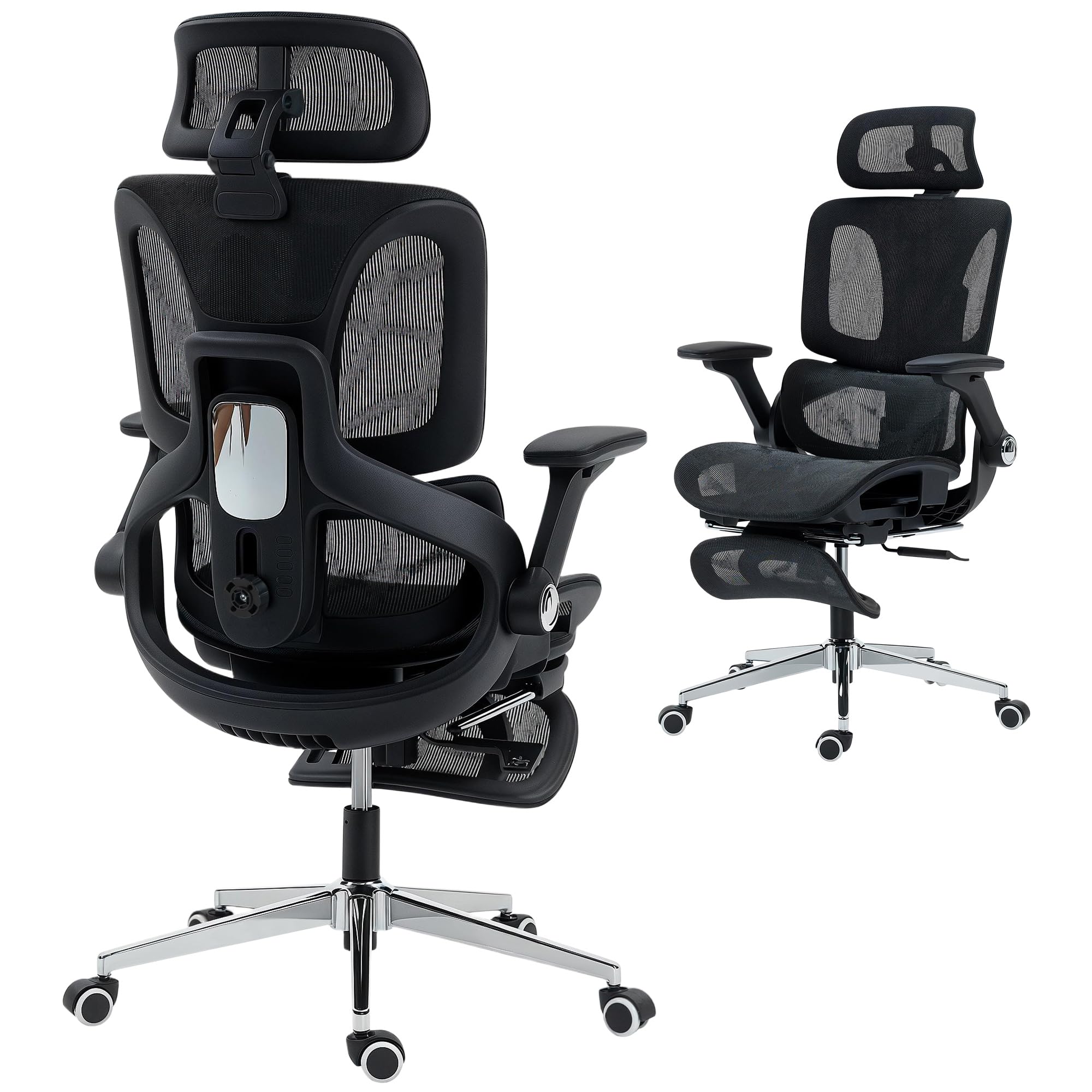 HOMCOM Ergonomic Office Chair, High Back Mesh Desk Chair with Separated Backrest, 4D Flip-up Armrests, Adjustable Headrest, Lumbar Support and Seat Depth, Footrest for Home Office, Black
