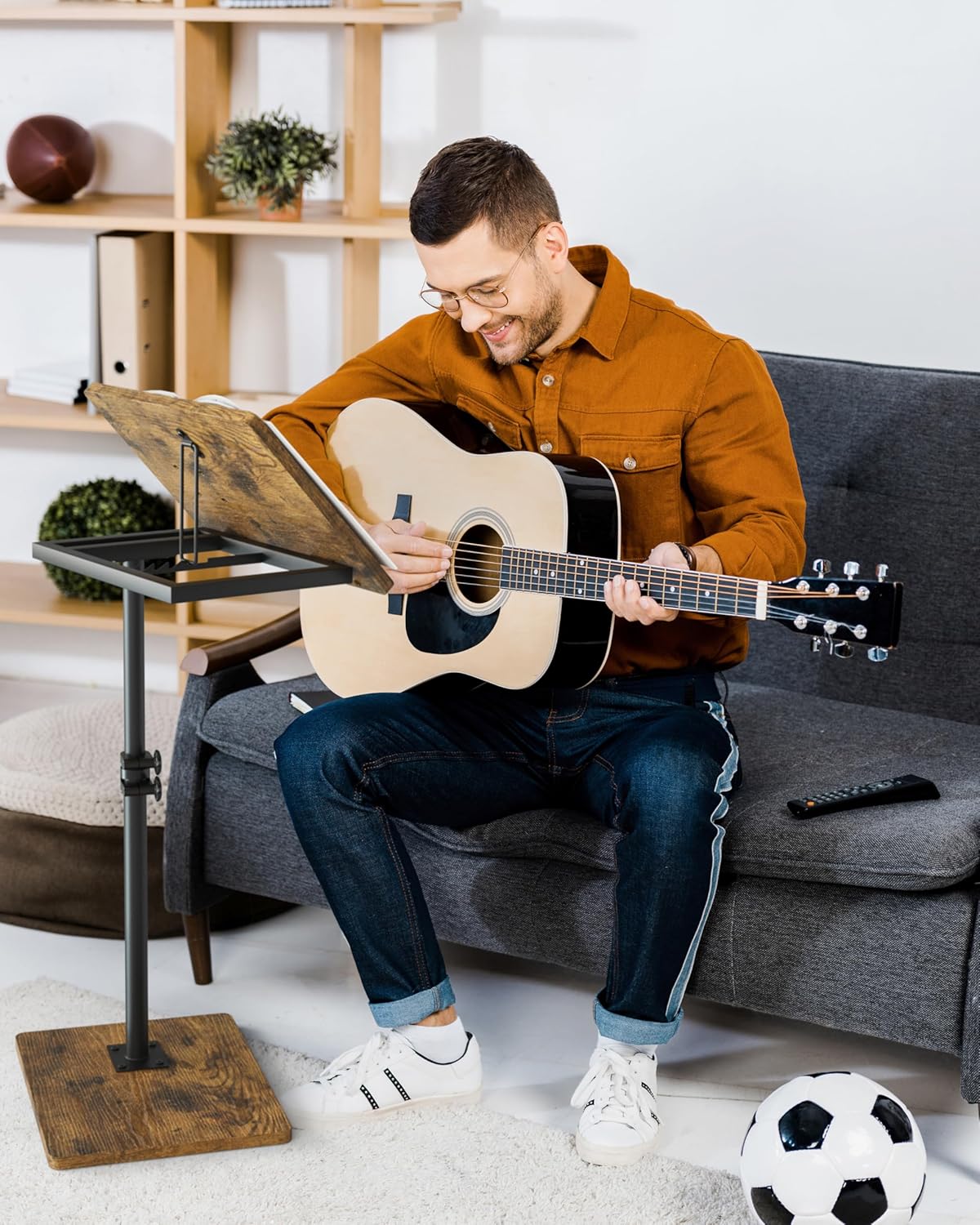 Masupu Sofa Arm Tray Table - 360° Swivel Height Adjustable End Table, Small Snack Side Table for Couch, C Shaped Table for Bed, Chair or TV Tray Table(Rustic Brown, Angle Adjustable)