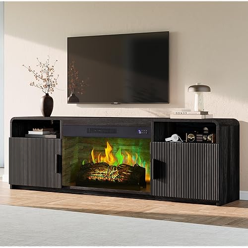 AMERLIFE 70" Fluted Fireplace TV Stand for TVs Up to 80", Modern TV Console with 30" Electric Fireplace & Storage Cabinets, Media Entertainment Center for Living Room, Black