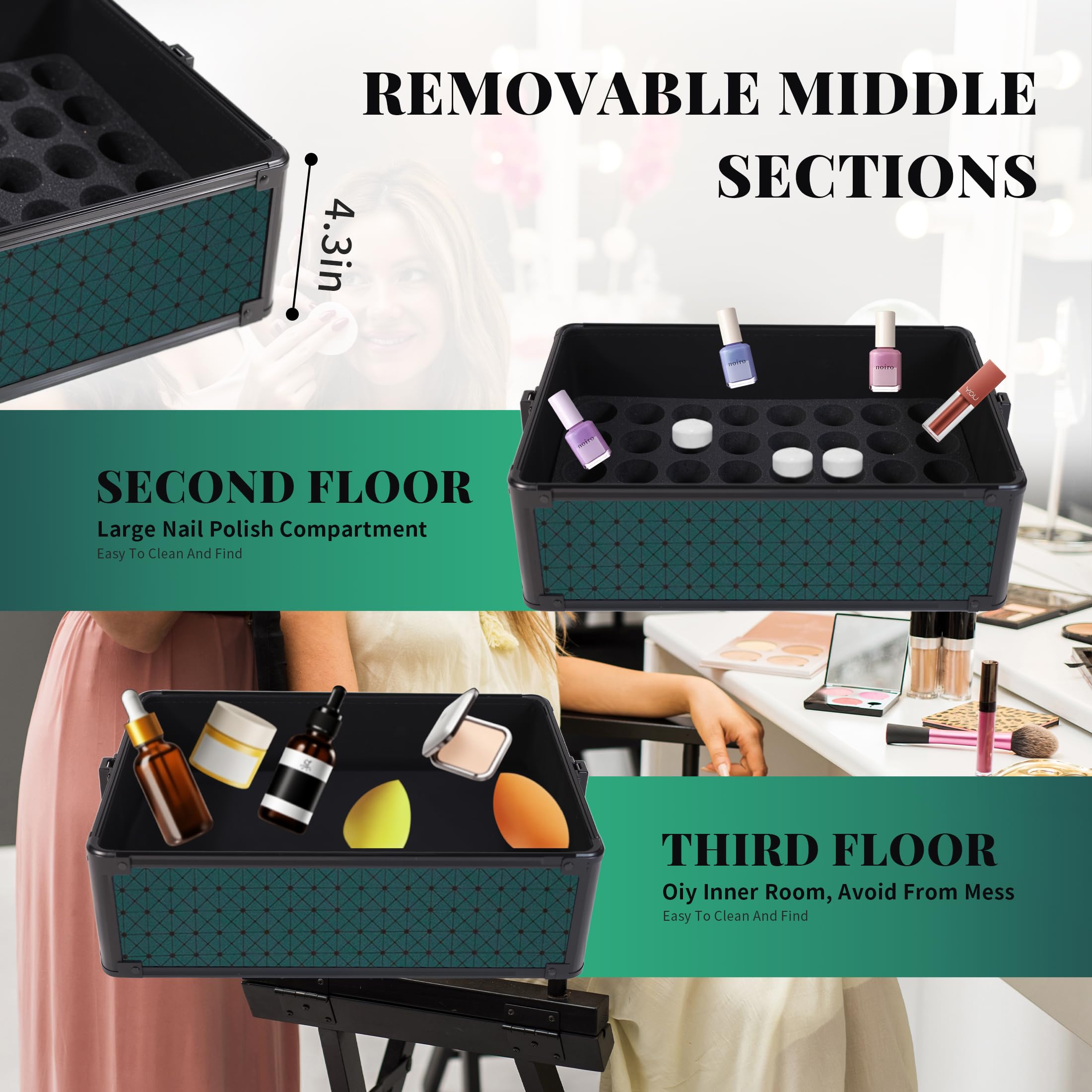 Arous 4-in-1 Professioneller Make-up-Zugkoffer, multifunktionaler Kosmetikwagen mit 360° drehbaren Rädern, Schlüsseln, großer Stauraum, Reisewagen, Kosmetik-Zugkoffer für Nageltechniker