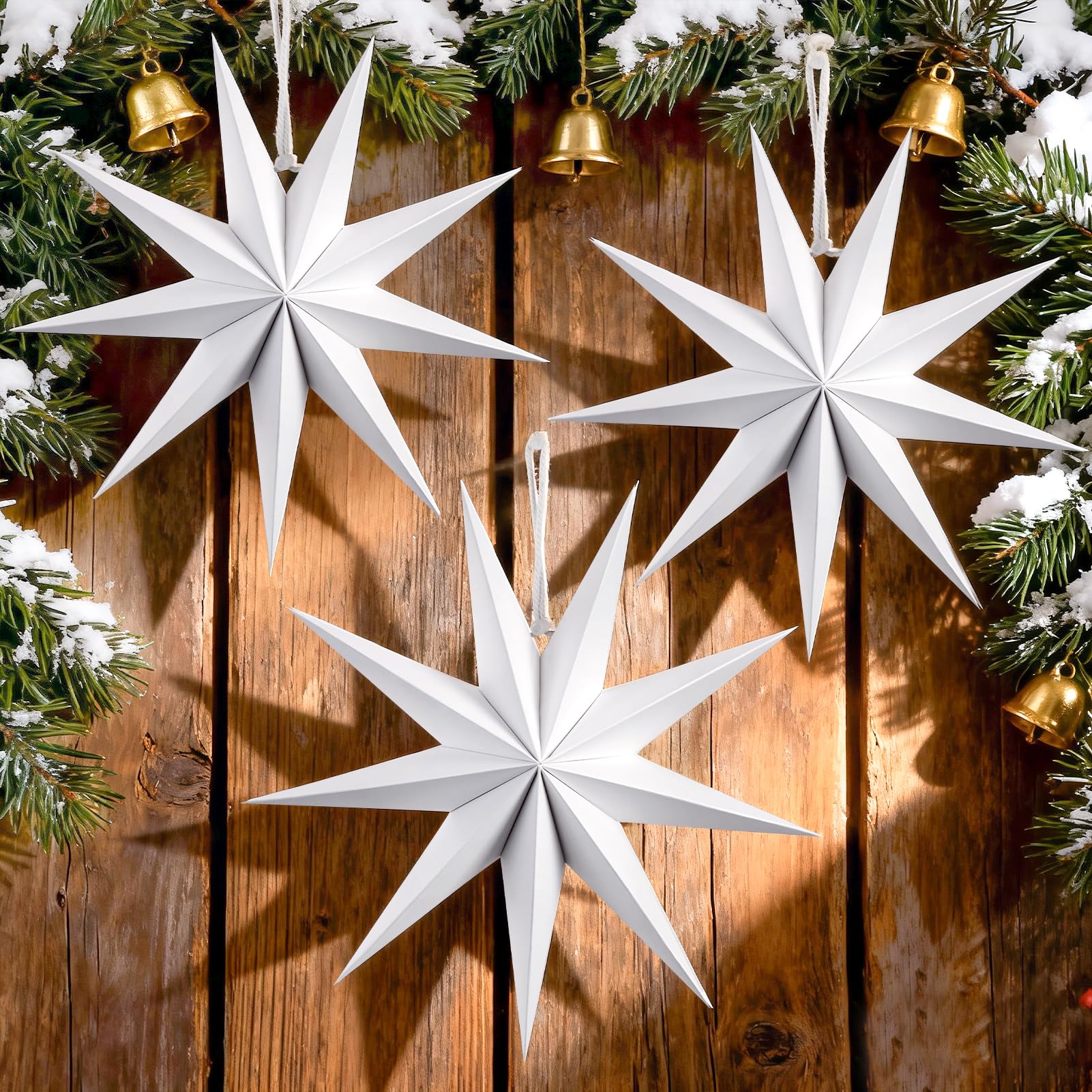 SUNBEAUTY 30cm Papier Stern Weiß 3er Set, Weiße Papiersterne zum Aufhängen 9-zackige Faltsterne Deko Set für Weihnachten, Moderne Weihnachtsstern Deko als Tischdeko, Christbaumschmuck & Fensterdeko
