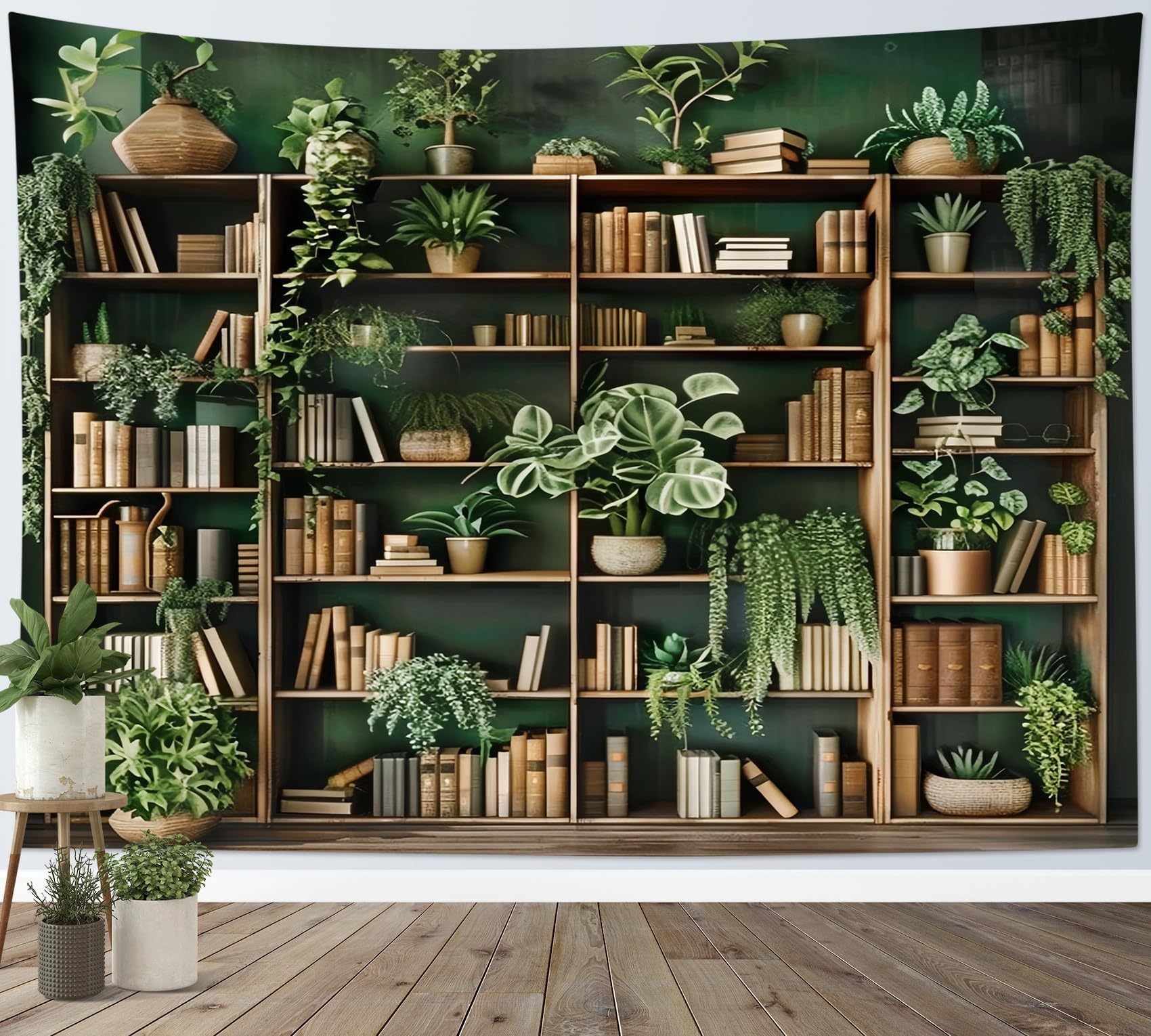 LB Green Plants Tapestry Wall Hanging Vintage Books on Shelf Wall Decor for Living Room Bedroom Home Office,59x39 inch — image 1