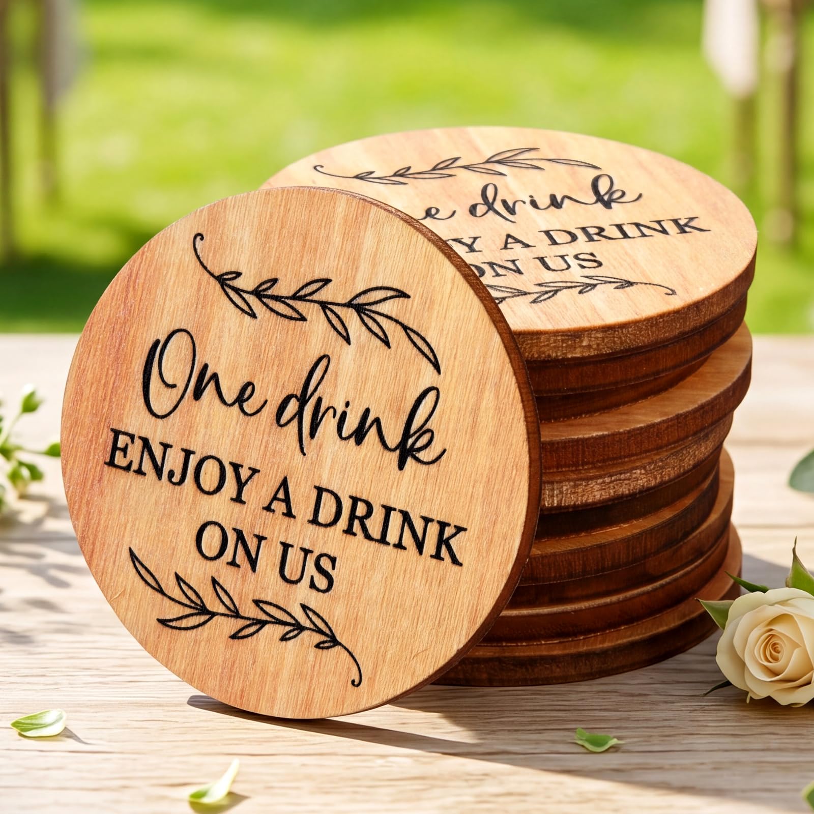 Marsui 100 Pcs Wooden Drink Tokens for Wedding Bar,Botanical Leaf Pattern