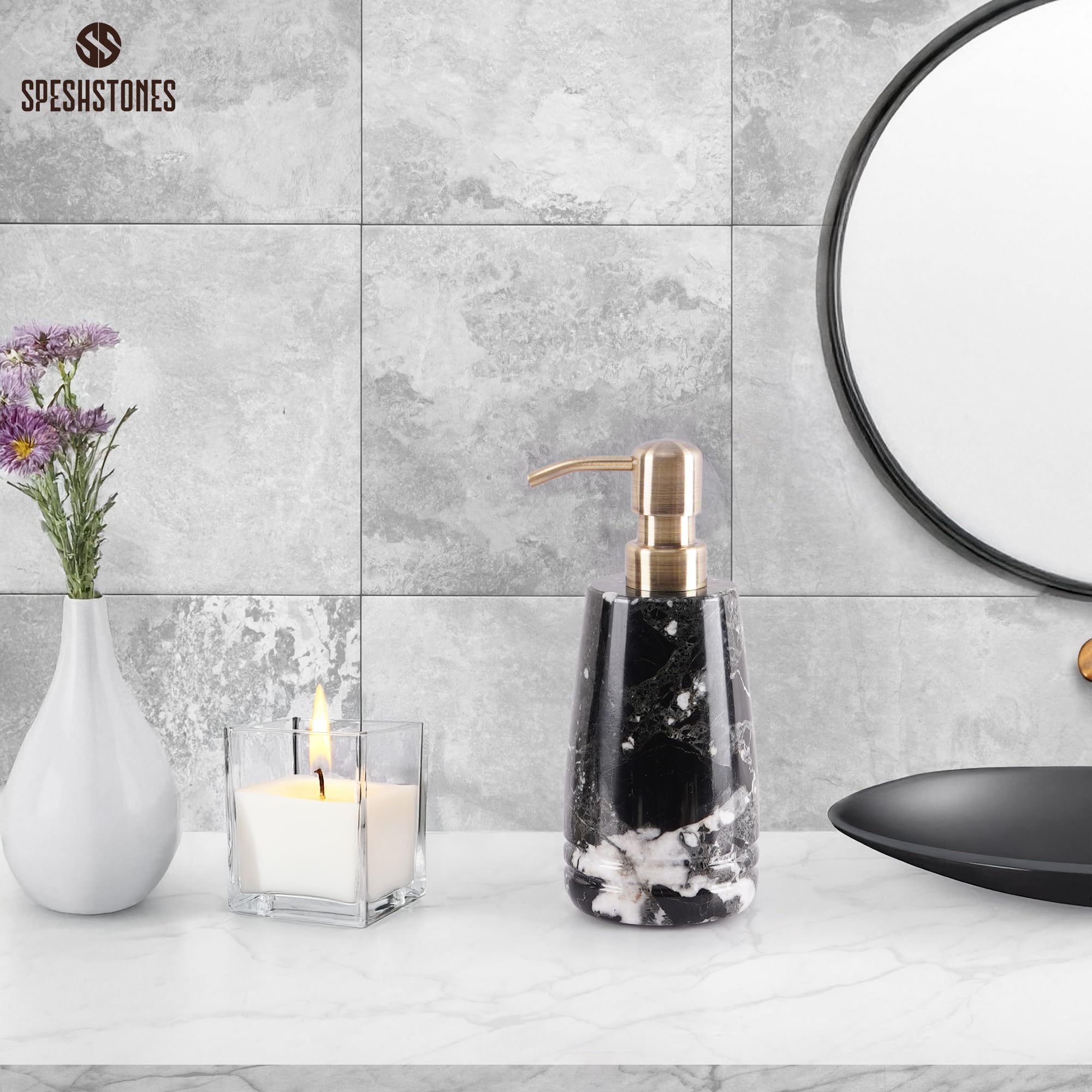 SPESHSTONES - Dispensador de jabón de mármol de 19 cm, color negro para jabón líquido de manos y vajilla para fregadero de cocina, contenedor para desinfectante, loción, champú espumoso para
