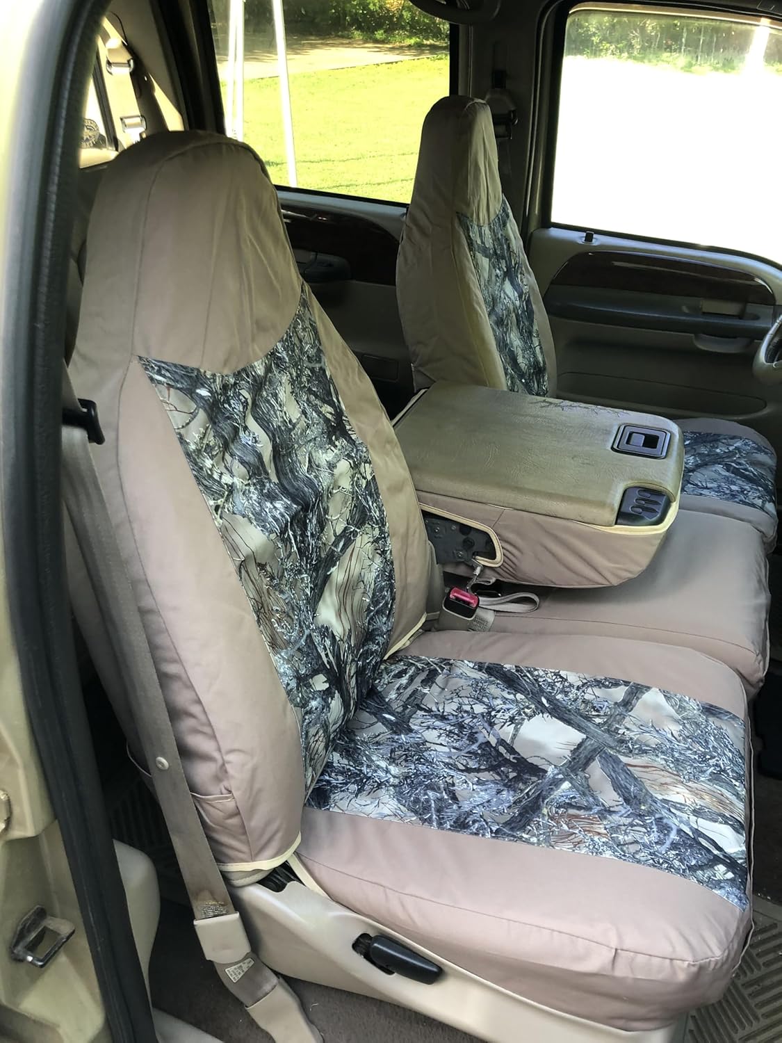 Durafit Seat Covers.Made to fit 1999-2007 Ford F250-F550 Front 40/20/40 Split Seat Covers in Tan Endura with MC2 Camo Inserts and Pointed Molded Headrests and Opening Console F238 C3/MC2
