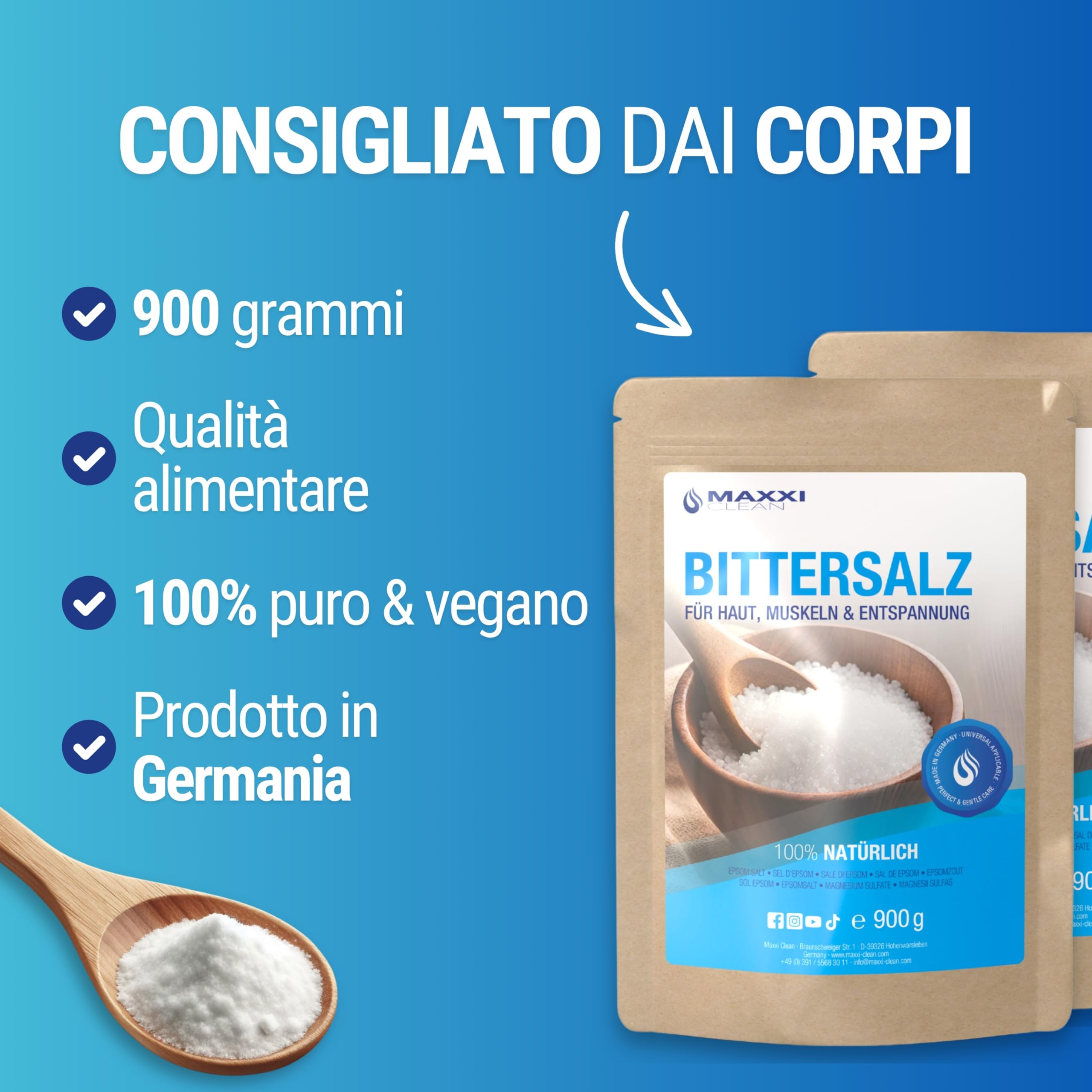 Maxxi Clean | 900 g di sale Epsom altamente puro | Sale da bagno per benessere e peeling del corpo | Solfato di magnesio per muscoli, pelle e anima | Magnesio adatto alla cura del giardino
