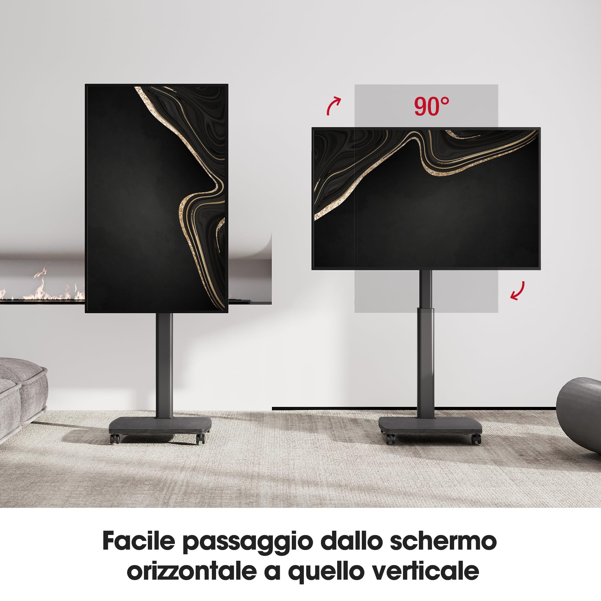 AOKCOS Supporto TV da Pavimento Orizzontale e Verticale per 19-42 Pollici, Carrello Porta TV con Ruote Base in Legno, Inclinazione & Girevole, fino a 20 kg max. VESA 200×200 mm Nero