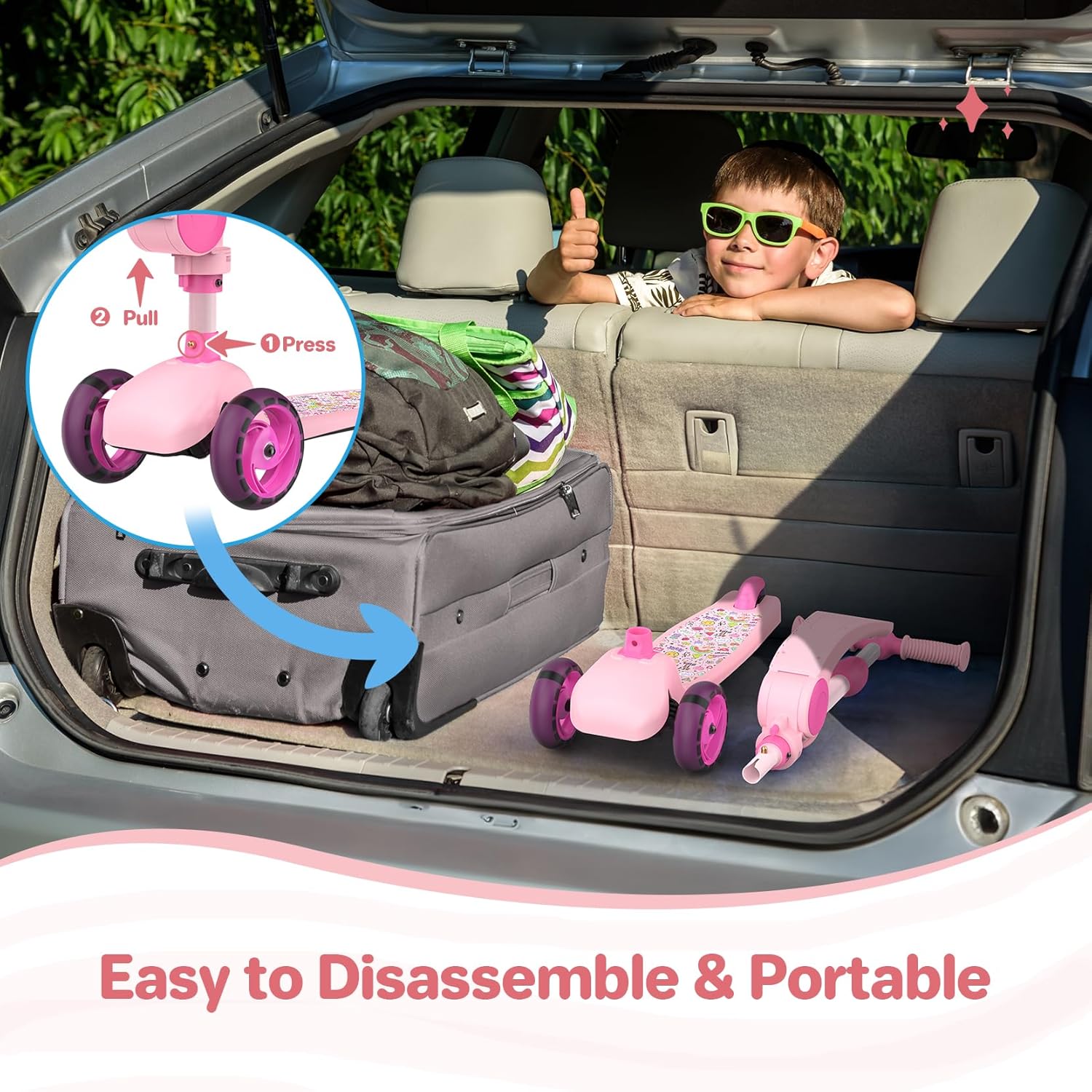 TONBUX Kids Scooter with Seat, 3 Wheels Scooter with PU Luminous Wheels, Non-Slip Handle and Wide Deck, Sensitive Brakes, 4-Level Adjustable Height, Scooters for Kids 2–8 Years - Image 7