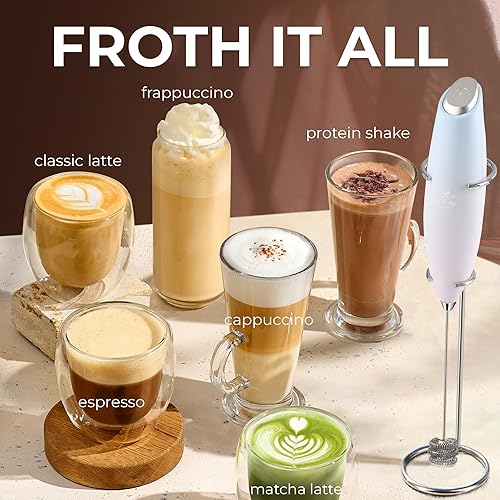 Vista 338 de Zulay Kitchen - Espumador de leche de mano con pilas AA Duracell: batidora de bebidas resistente para café, latte, capuchino y más, color aurora