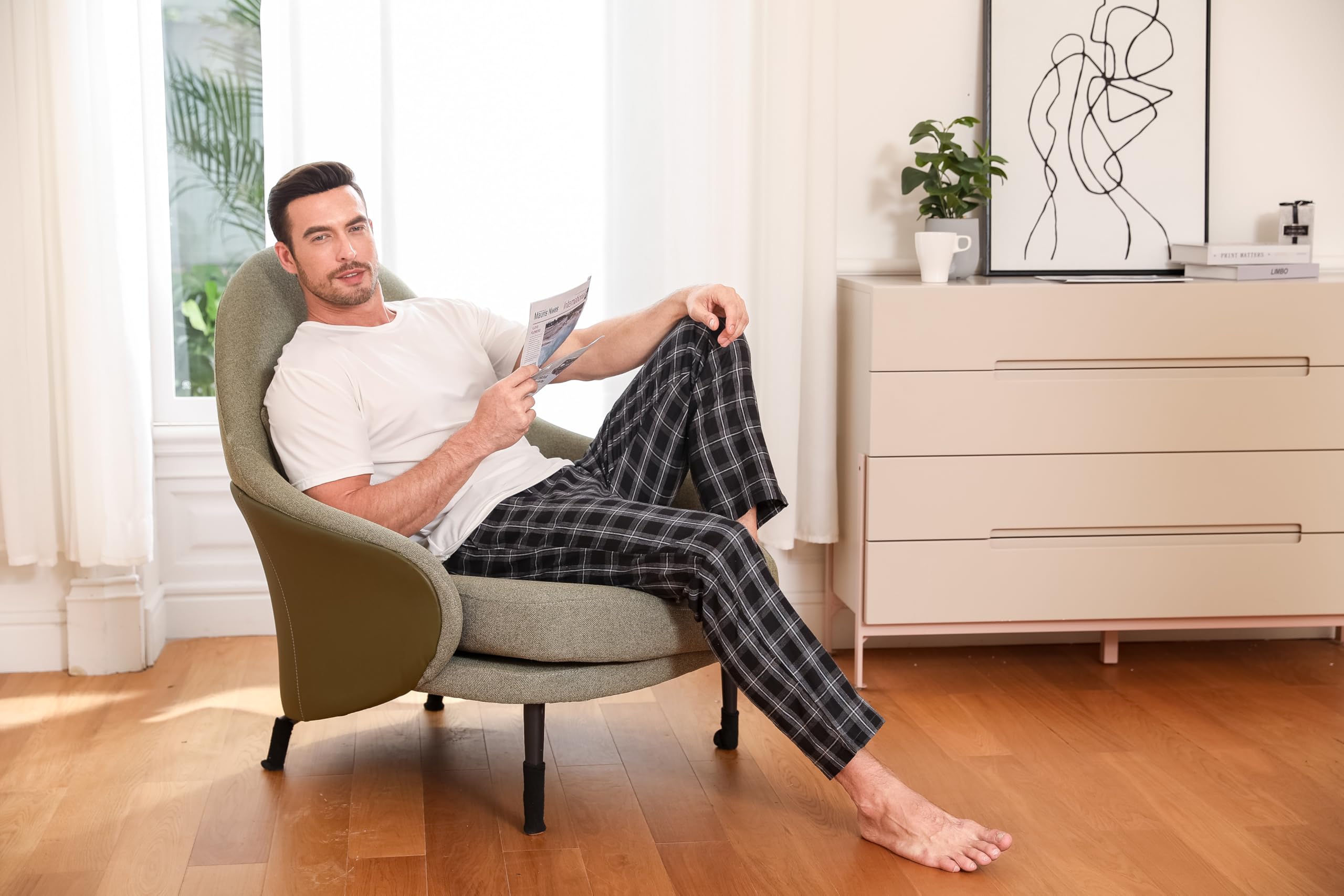 Herren Schlafanzughose Lang Baumwolle Karierte Pyjamahose Lounge Hose Pyjamaunterteil Freizeithose mit Seitentaschen für Männer, Gerade Geschnitten