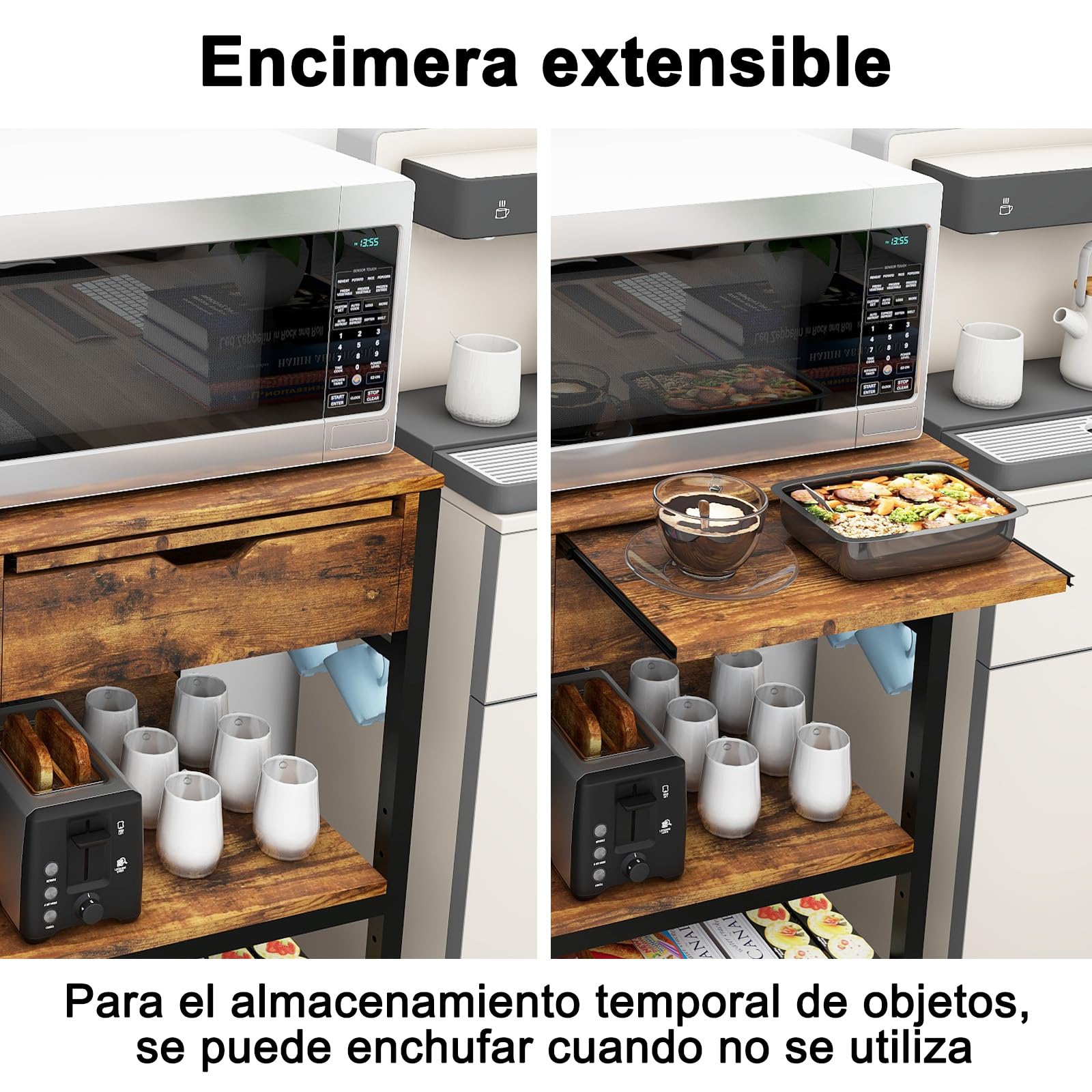 PUNCIA Estantería 4 Niveles Isla Cocina para Mini Nevera Bar Móvil de Café | Organizador Oficina Estantes para Nevera Pequeña Microondas con Cajón Cesta Metálica Carrito Almacenaje con 7 Ganchos Retro