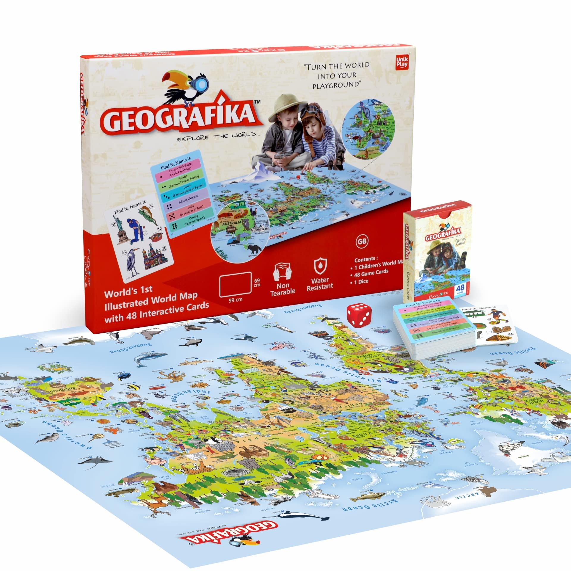 Geografika Map Game with Illustrated Map & 40 Game Cards – Learning with Fun for Kids Aged 6+ | Educational Geography Board Game for Children – Learn Fun Facts (World)