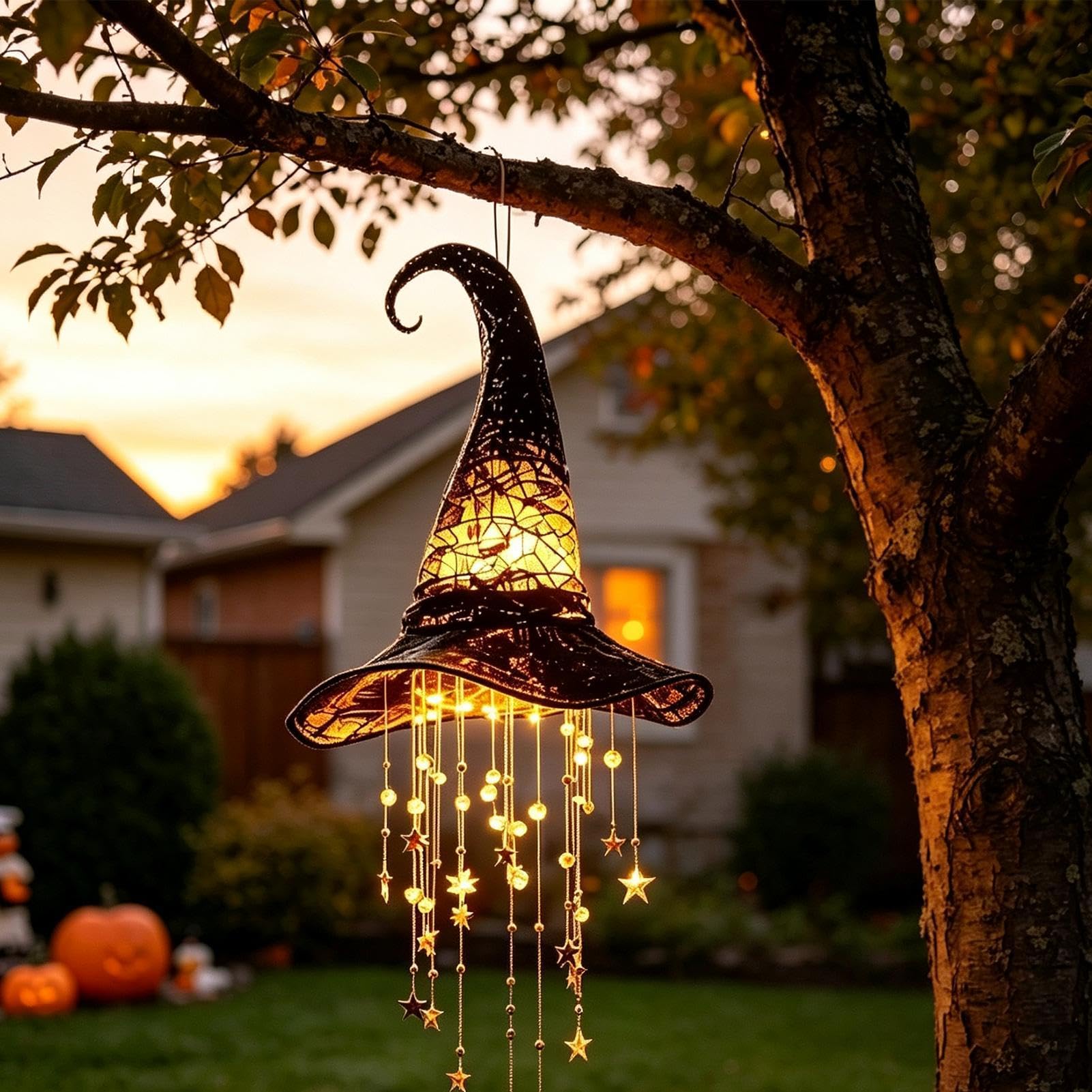 Lighted Witch Hat Hanging Chime,LED Halloween Wind Decor With Glowing Light