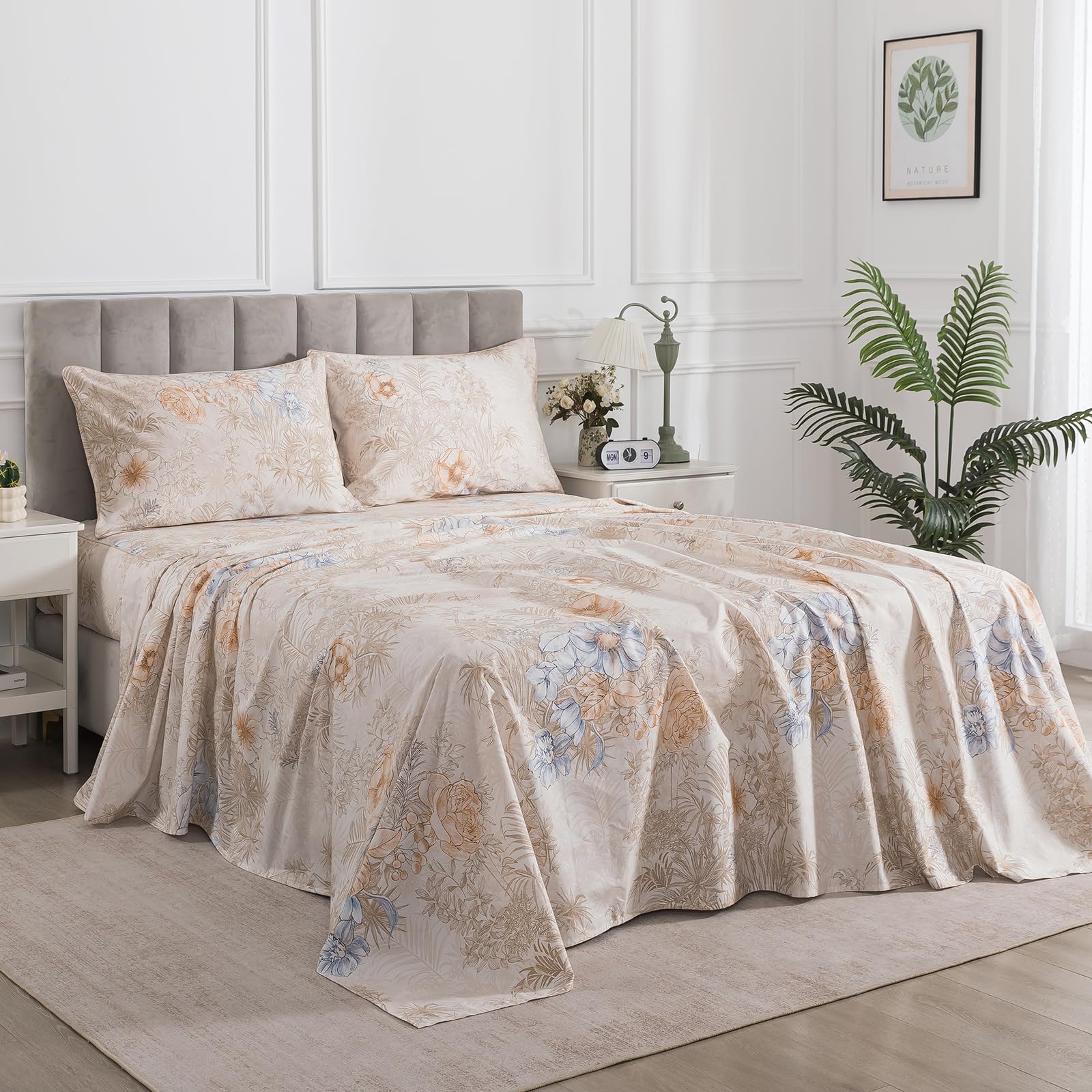 Percale Sheets King Size Beige Vintage Floral Deep Pocket, 4Pcs | 100% Cotton Soft Farmhouse Sheet Set, Brown Flower Cottagecore Bed Sheets, Shabby Chic Toile Bedding, Neutral Botanical Print