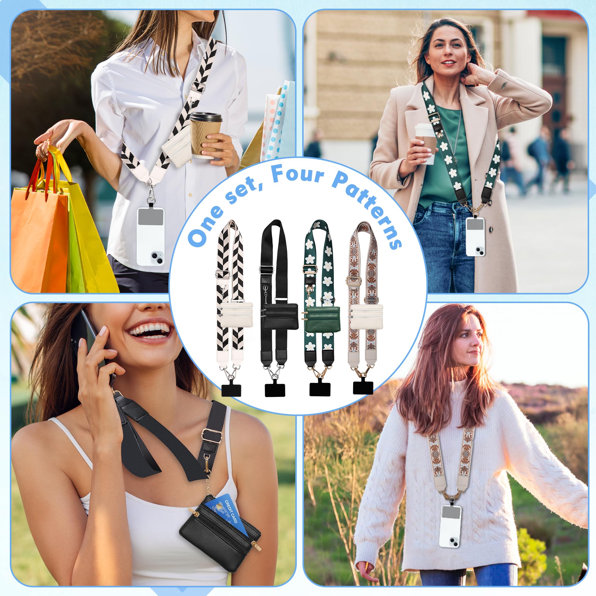 4 cinghie clip and go per telefono con tracolla a portafoglio, elegante cordino per cellulare con custodia con cerniera, tracolla regolabile con 4 motivi per tutti i telefoni