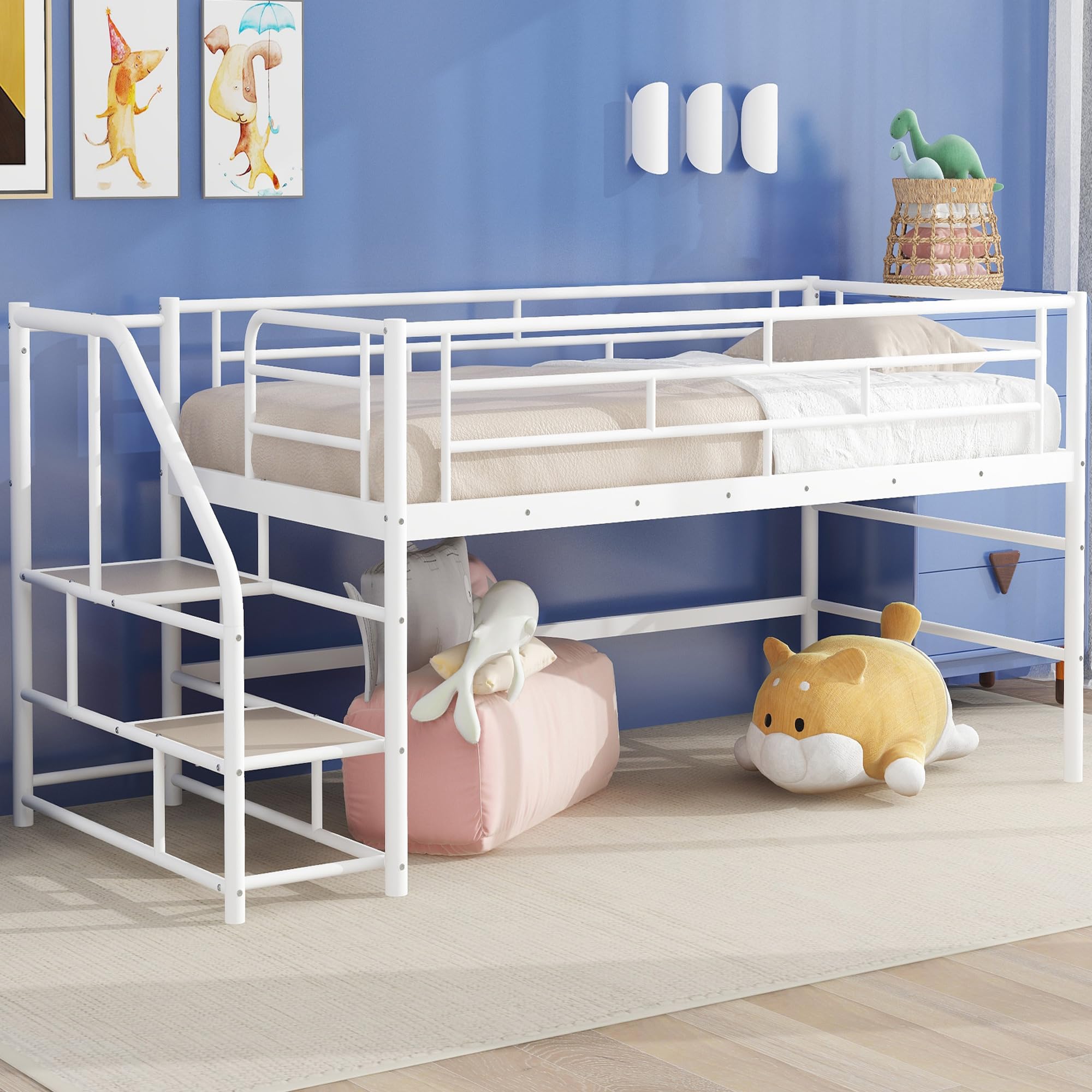 Amazon.com: Low Loft Bed with Storage Stairs and Full-Length
