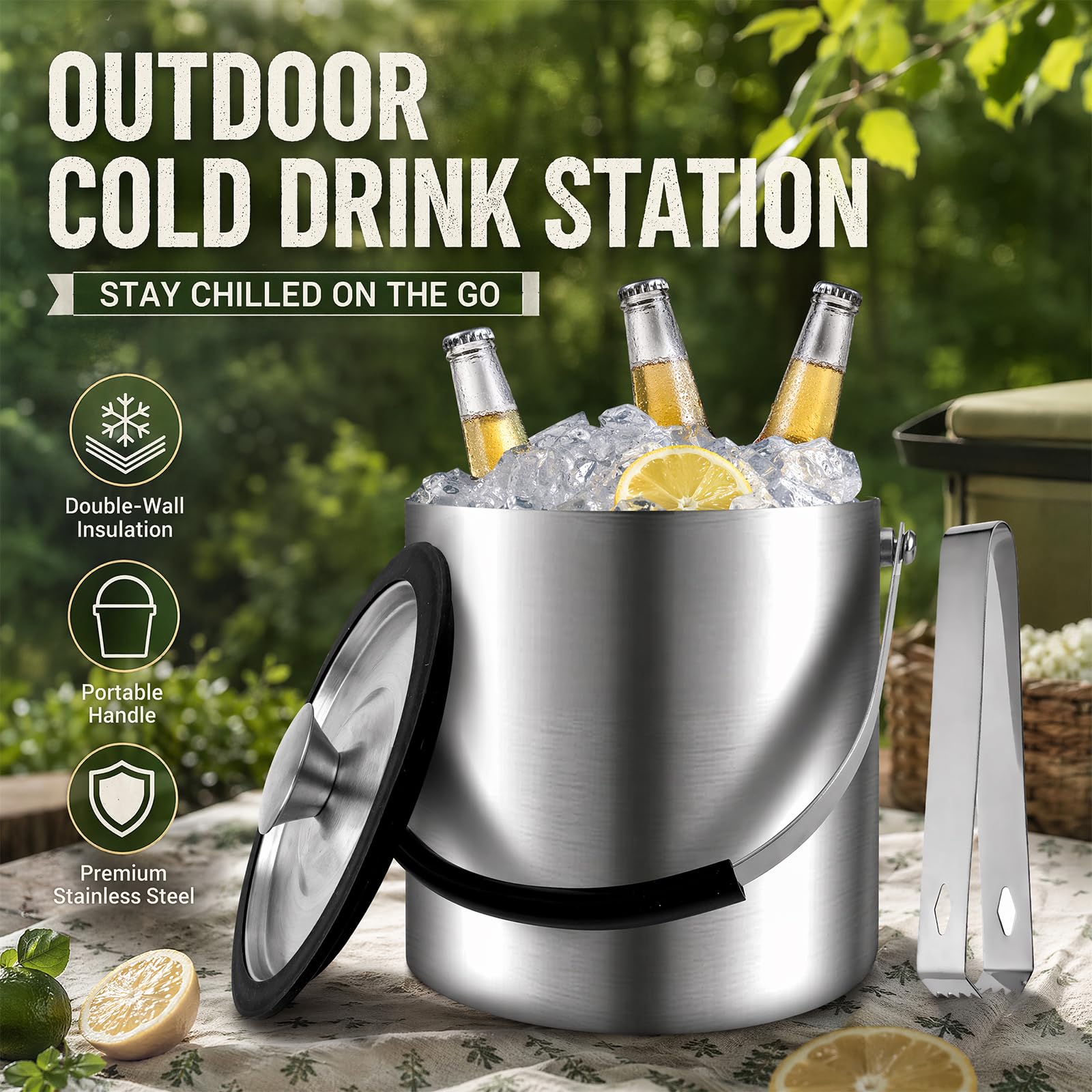 2L Eiswürfelbehälter, Edelstahl Eiskübel mit Deckel, Sieb und Eiszange, Doppelwandiger Isolierter Eiseimer zum Kühlen von Bier, Champagner, Wein, Getränken für Party, Bar, Zuhause