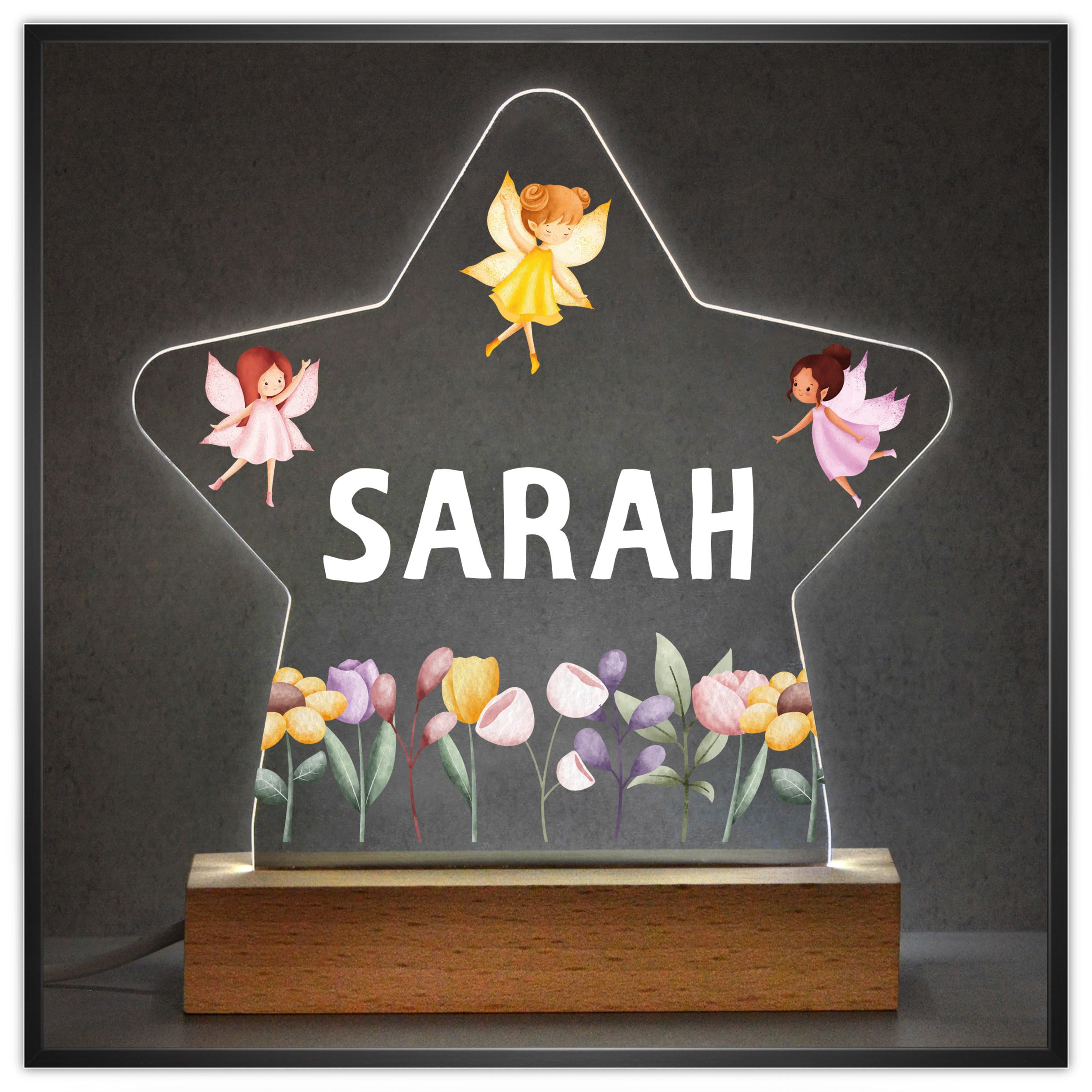 Beecreative Personalised Girls Fairy Nursery Night Light - Custom LED Lamp with Any Childs Name - Newborn Girl Gifts