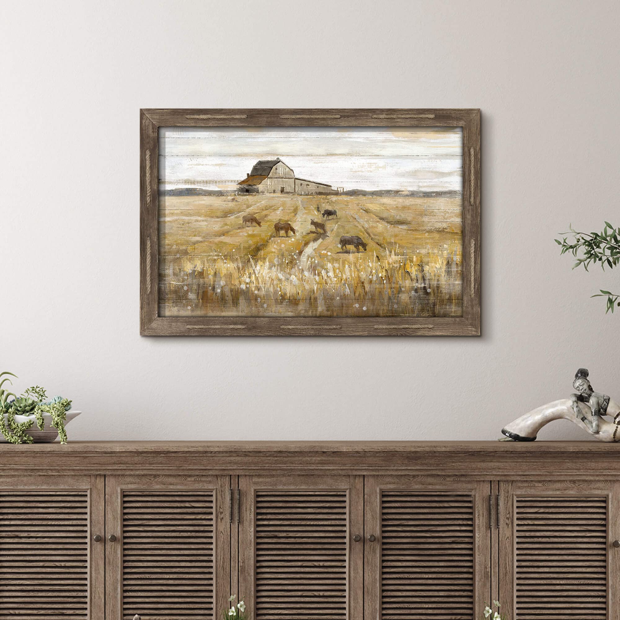 Country Wall Art Wooden Artwork: Rustic Farmhouse Barn Scene Picture Decor Framed Farm Animal Countryside Landscape Print Horizontal Rural Scenic Painting for Living Room Bedroom