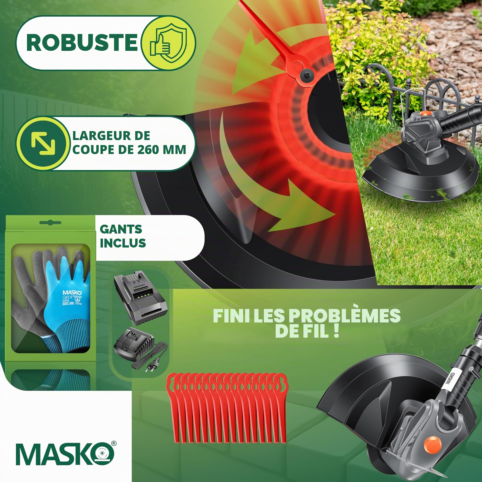 Débroussailleuse sans Fil MASKO® avec Batterie Li-ION 20 V, Batterie 2,0 Ah et Chargeur, Largeur de Coupe 260 mm, Angle de Coupe 180°, Manche télescopique et poignée supplémentaire + Accessoires