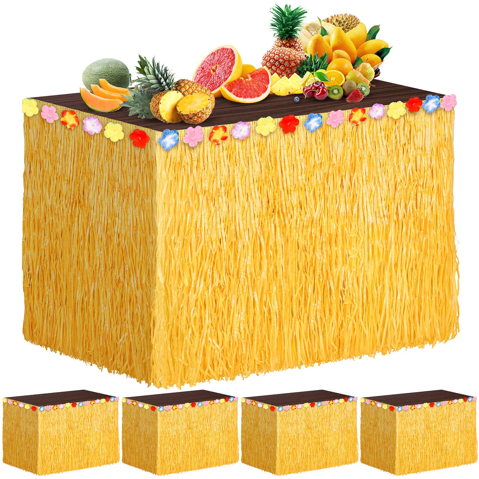 ADXCO 5 Packs Hawaiian Luau Grass Table Skirt 108 x 30 Inch Tropical Hibiscus Luau Party Decorations Brown Hawaiian Table Skirts for Moana Themed Events, Birthday
