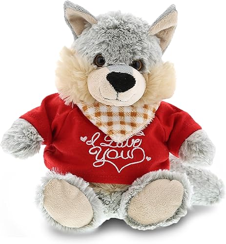 DolliBu I Love You Valentine Plush Sitting Wolf – Lindo animal de peluche con camisa roja y nombre, regalo personalizado para el día de San