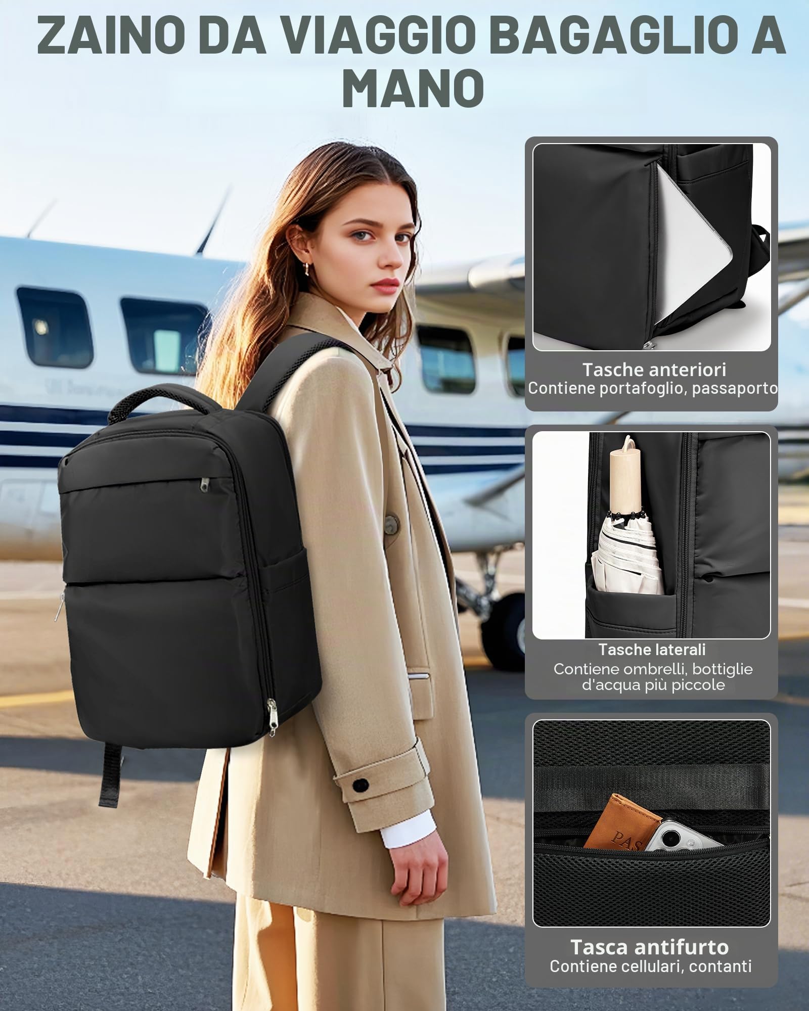 Zaino Ryanair 40x30x20 Sottovuoto con Pompa, Zaino da Viaggio Impermeabile, Bagaglio a Mano 40x30x20, Porta PC 15,6", Uomo Donna, Nero
