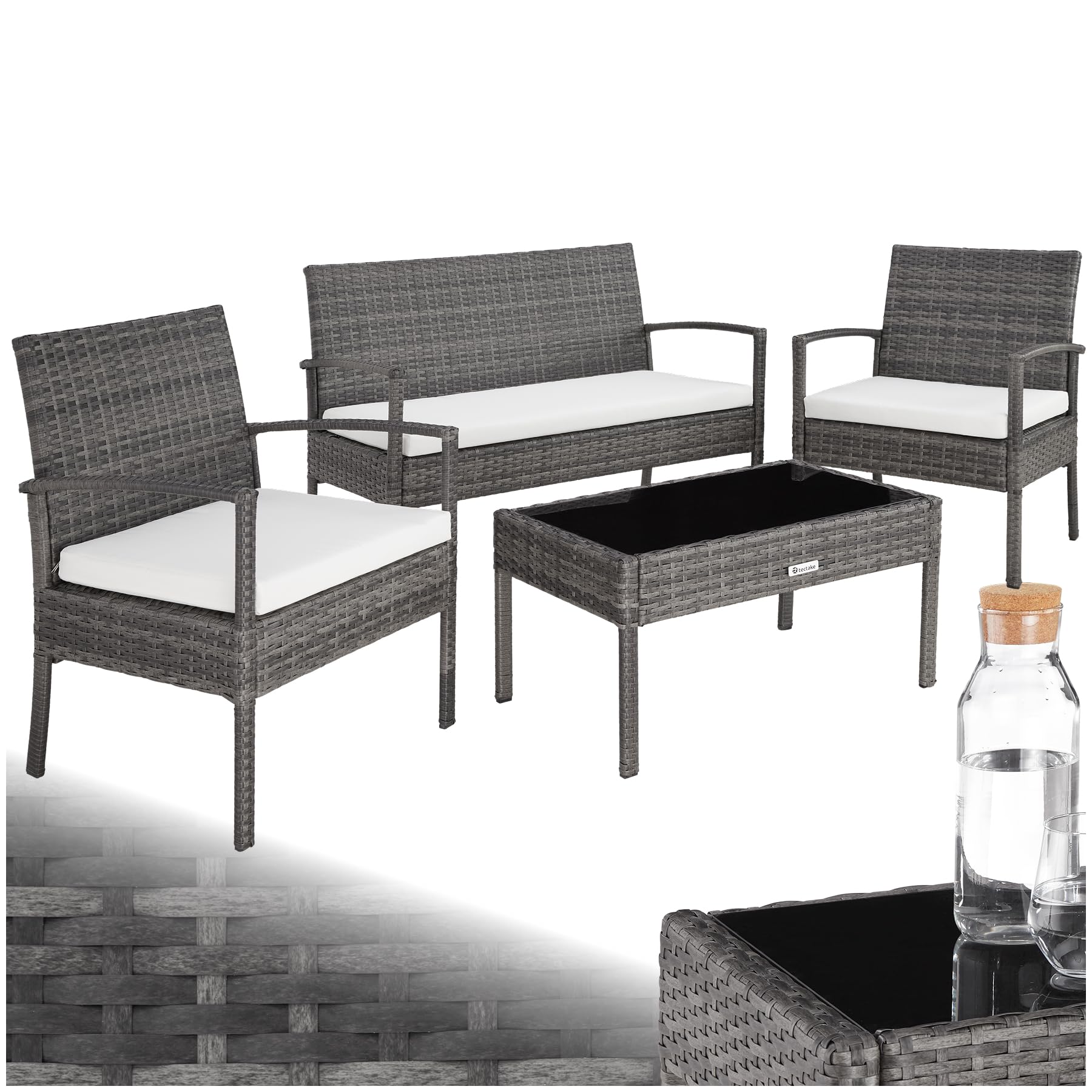 tectake® Set di Mobili in Rattan Sparta, Set Sedie, Panca, Tavolino Salotto con Lastra in Vetro, Comodi Cuscini Idrorepellenti, Ideale per Giardino, Terrazzo, Veranda - Grigio