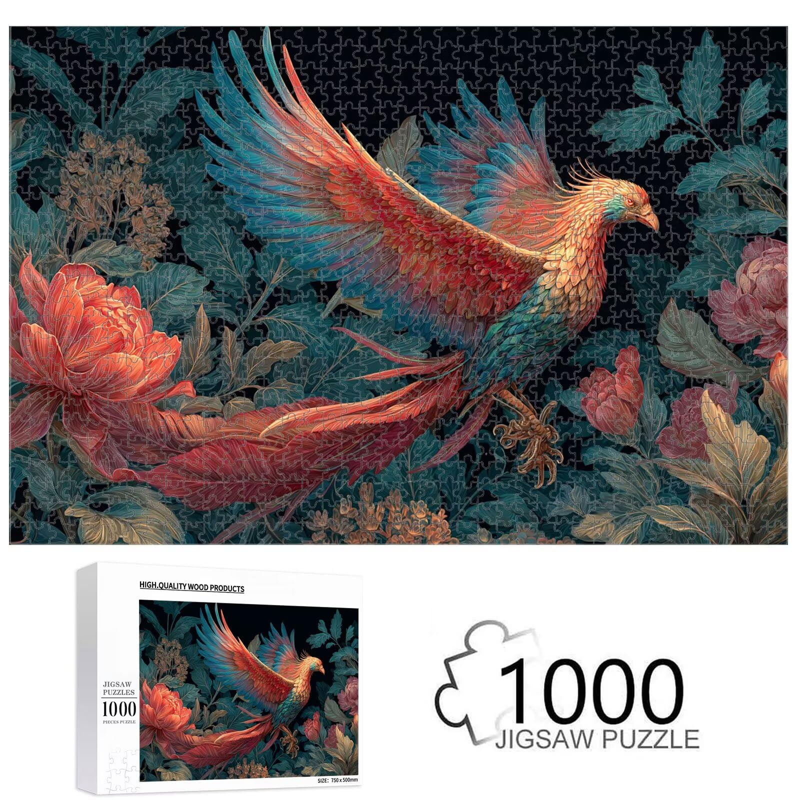 Puzzle 1000 elementów - Feniks i kwiat - 1000 elementów Drewniane puzzle z literami na plecach - Dekoracja ścienna i relaks - Kreatywne prezenty dla dorosłych 1T#501