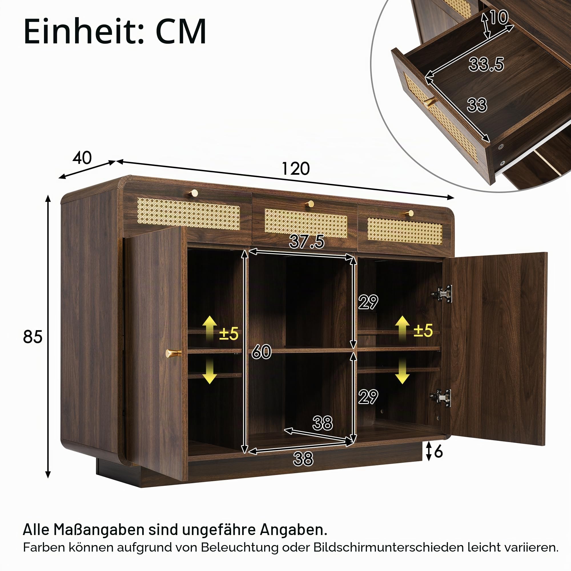 BTM Kommode Sideboard 120cm Nussbaum, Schubladenschrank mit Rattan & Goldgriffen, 3 Schubladen + 2 Schränke + offenes Regal, Höhenverstellbare Einlegeböden, H85/B120/T40 cm