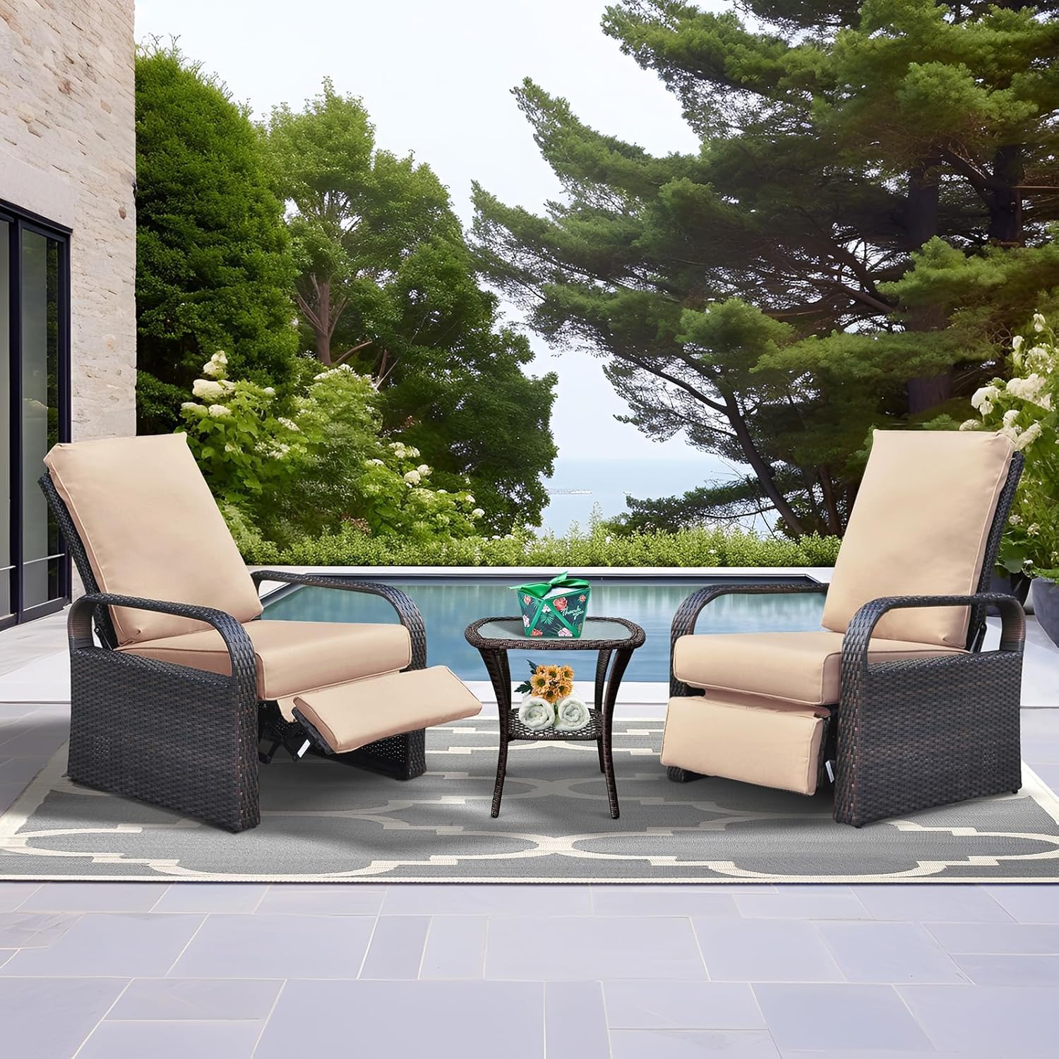 ATR ART TO REAL Juego de 2 sillas reclinables de jardín, silla reclinable para exteriores ajustable de 3 posiciones de altura, marco de aluminio, tumbonas de ratán tejidas a mano para muebles de