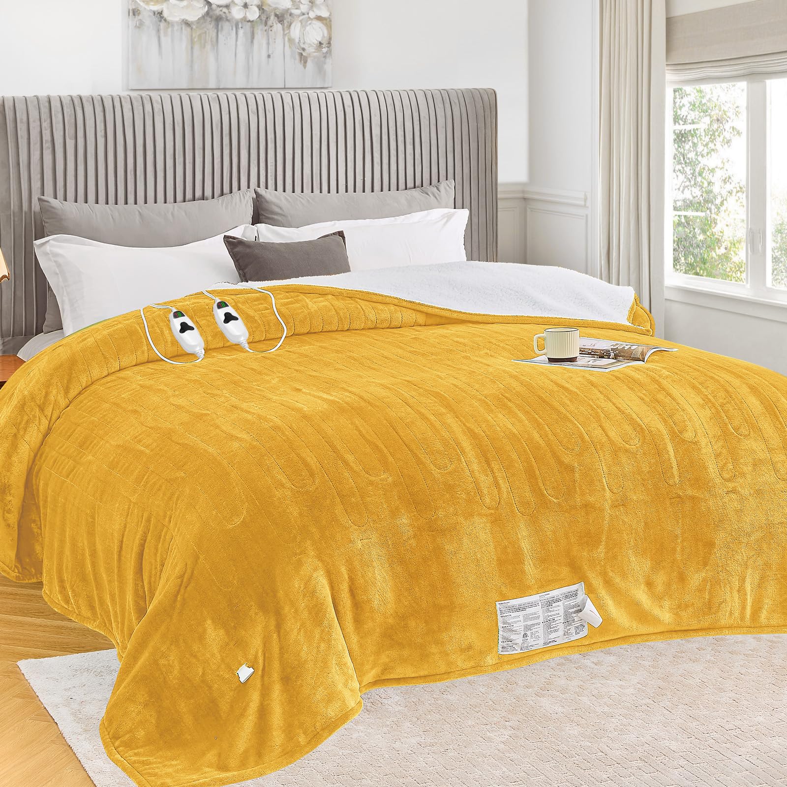 greenoak Heated Blanket Electric Queen Size 84"X90" Dual Control, Heating Blankets with 10 Levels 8 Hours Auto-Off Overheat Protection, Soft Flannel Sherpa Fluffy House Warming GIF,ETL Ginger Yellow