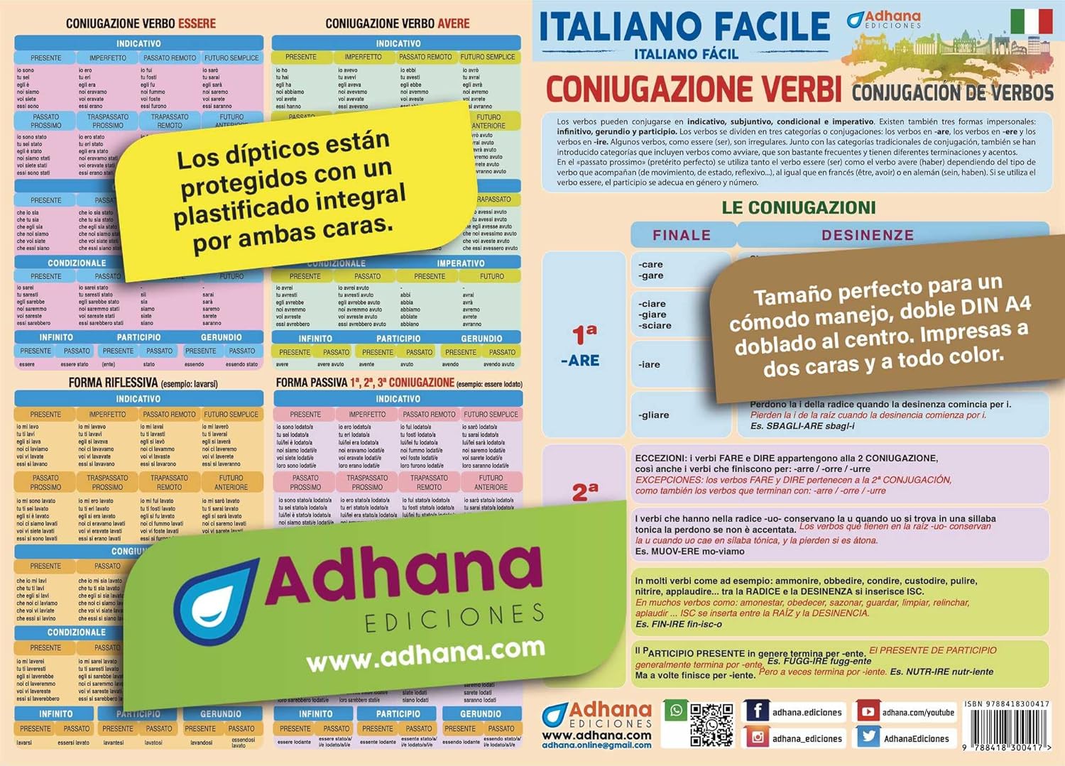 Adhana - Aprende fácil Italiano - Díptico de Conjugaciones verbales, Coniugazione verbi - Para todas las edades