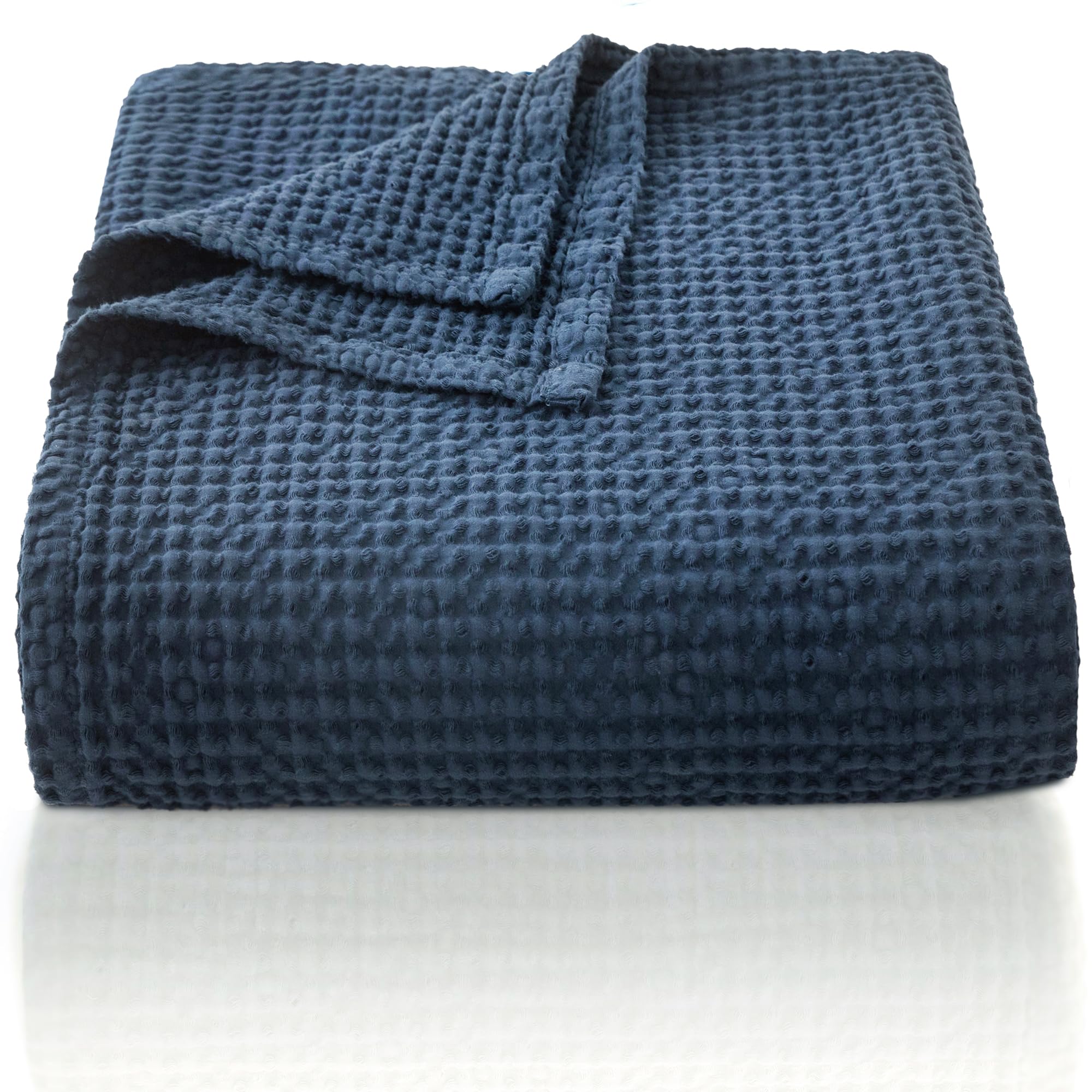 CHUFFED Manta de punto gofre 100 % algodón de 150 x 200 cm, suave y ligera para todas las estaciones, capa perfecta para sofá, cama, sofá, decoración elegante del hogar, tamaño individual/doble, azul