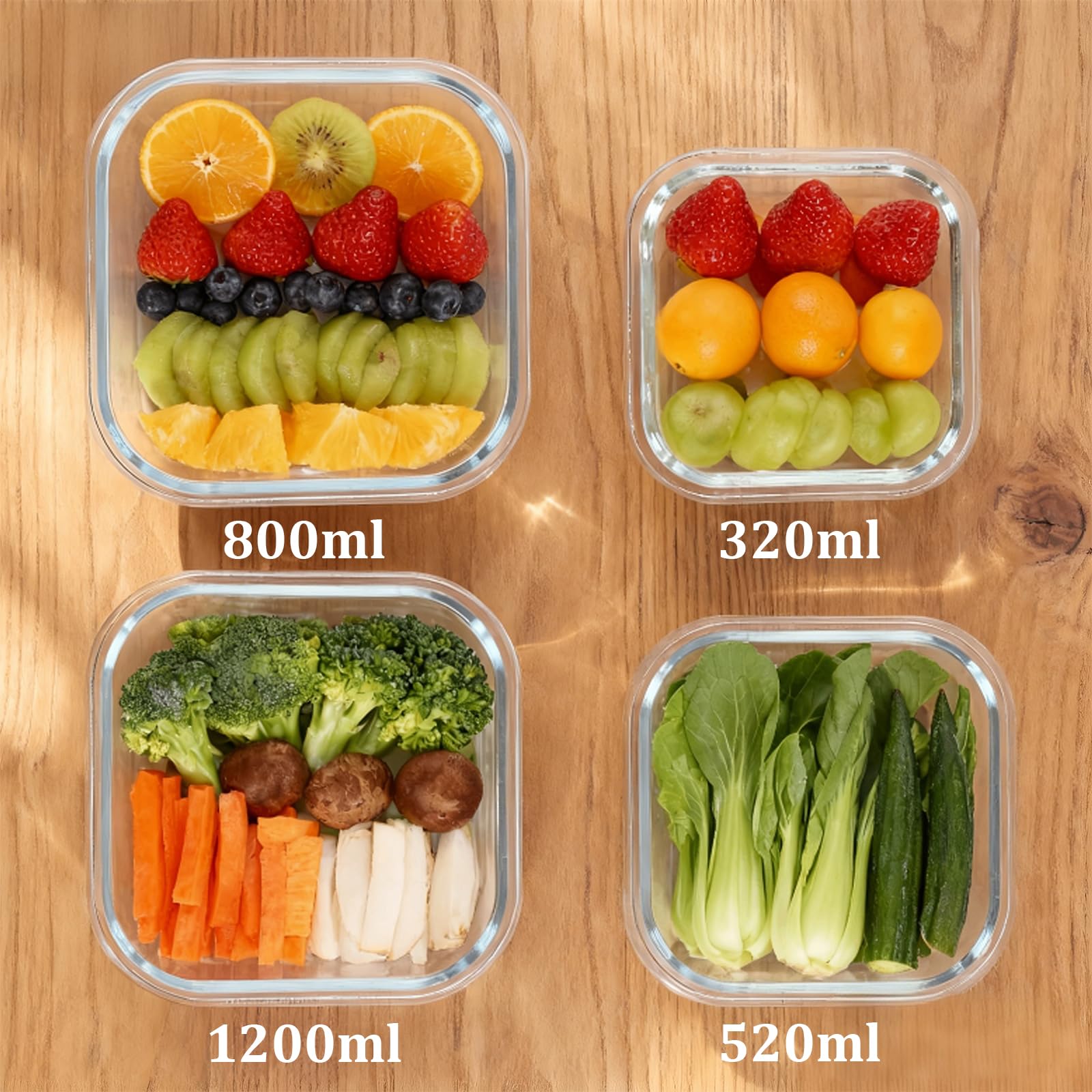 YdZen Frischhaltedose aus Glas mit Bambusdeckel, Borosilikat, 4 Größen (320 ml, 520 ml, 800 ml, 1200 ml), gefrierschrank-, spülmaschinen-, mikrowellen- und ofenfest, Glasbehälter, kein Kunststoff