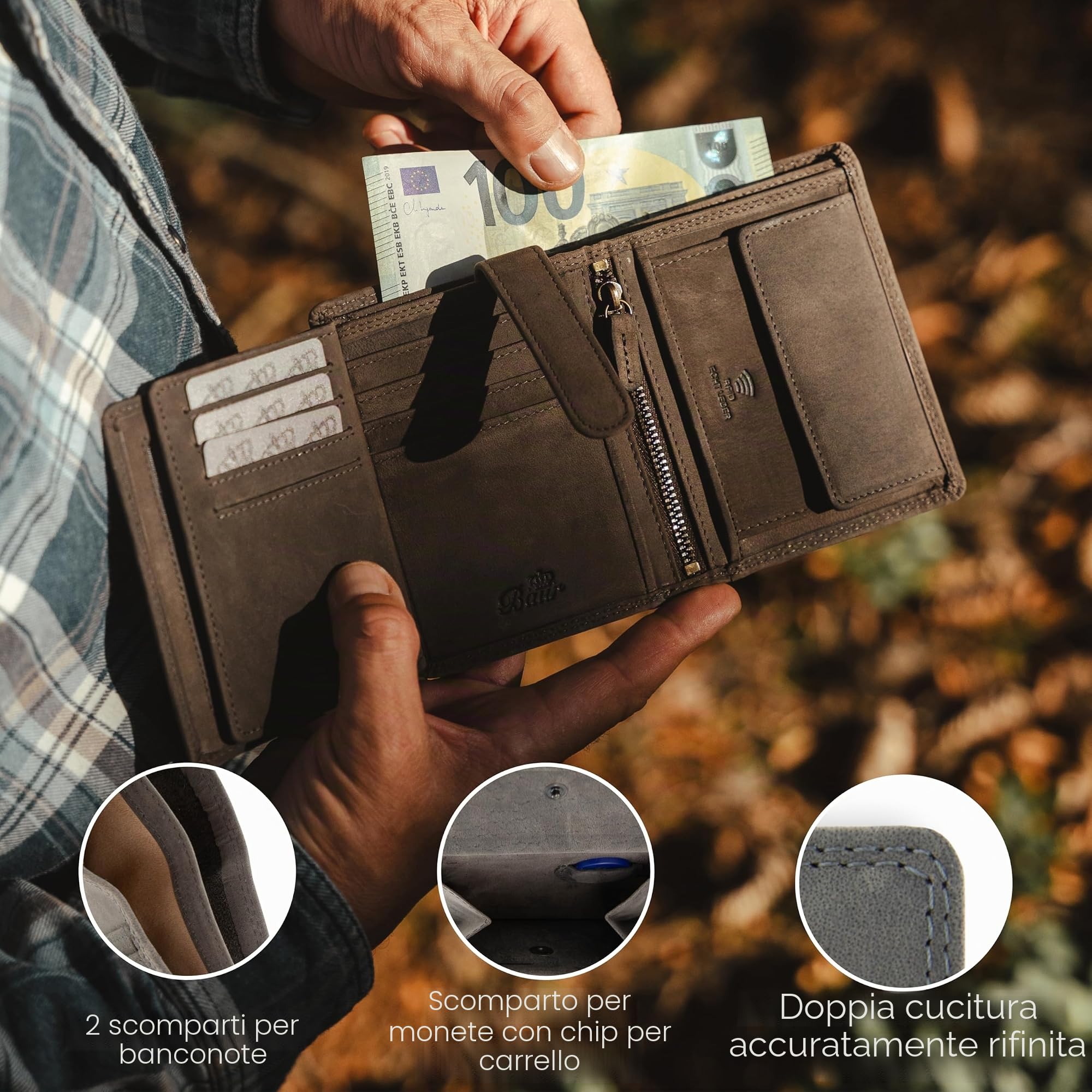Baur portafoglio da uomo – vera pelle di bufalo con protezione RFID – portafoglio grande verticale con 12 scomparti carte e ampio scomparto monete (Formato verticale con bottone interno, Grigio)