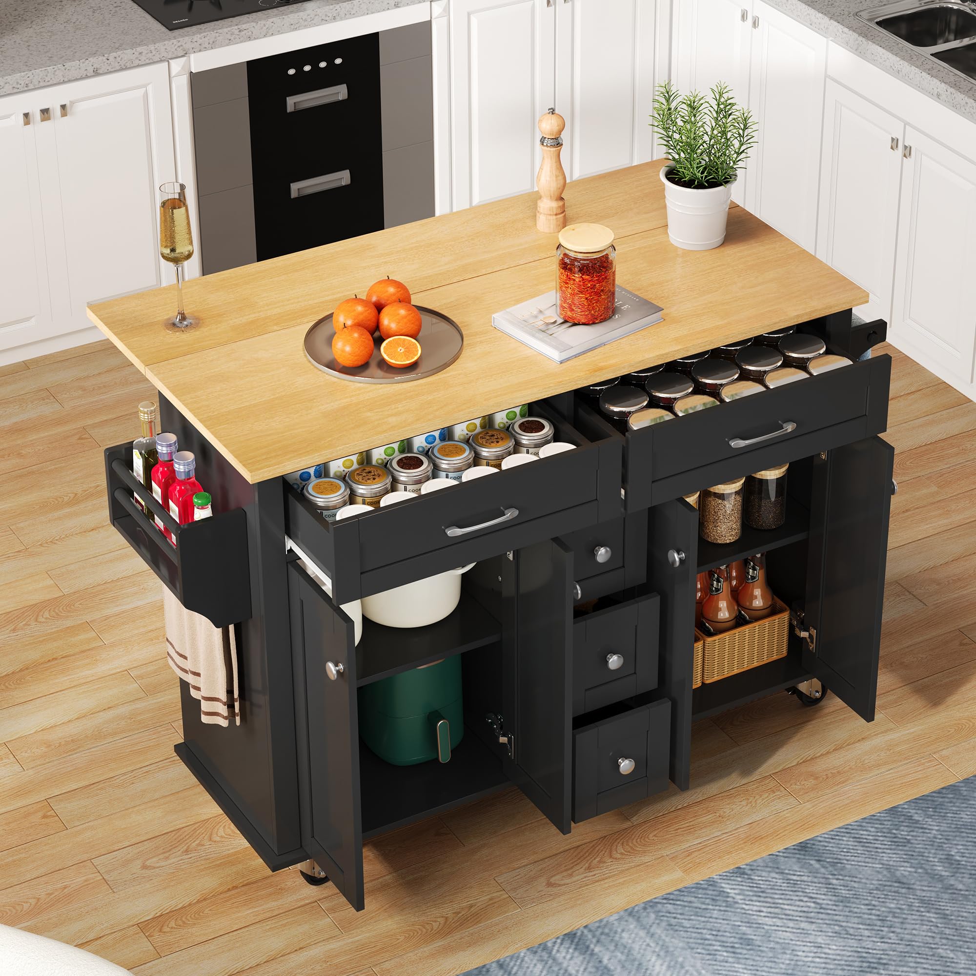 FammyLoft Kitchen Island on Wheels with Drop Leaf, Rolling Kitchen Trolley Cart with Foldable Worktop and Lockable Casters, Storage Cabinet for Kitchen Dining Living Room, Black โ image 1