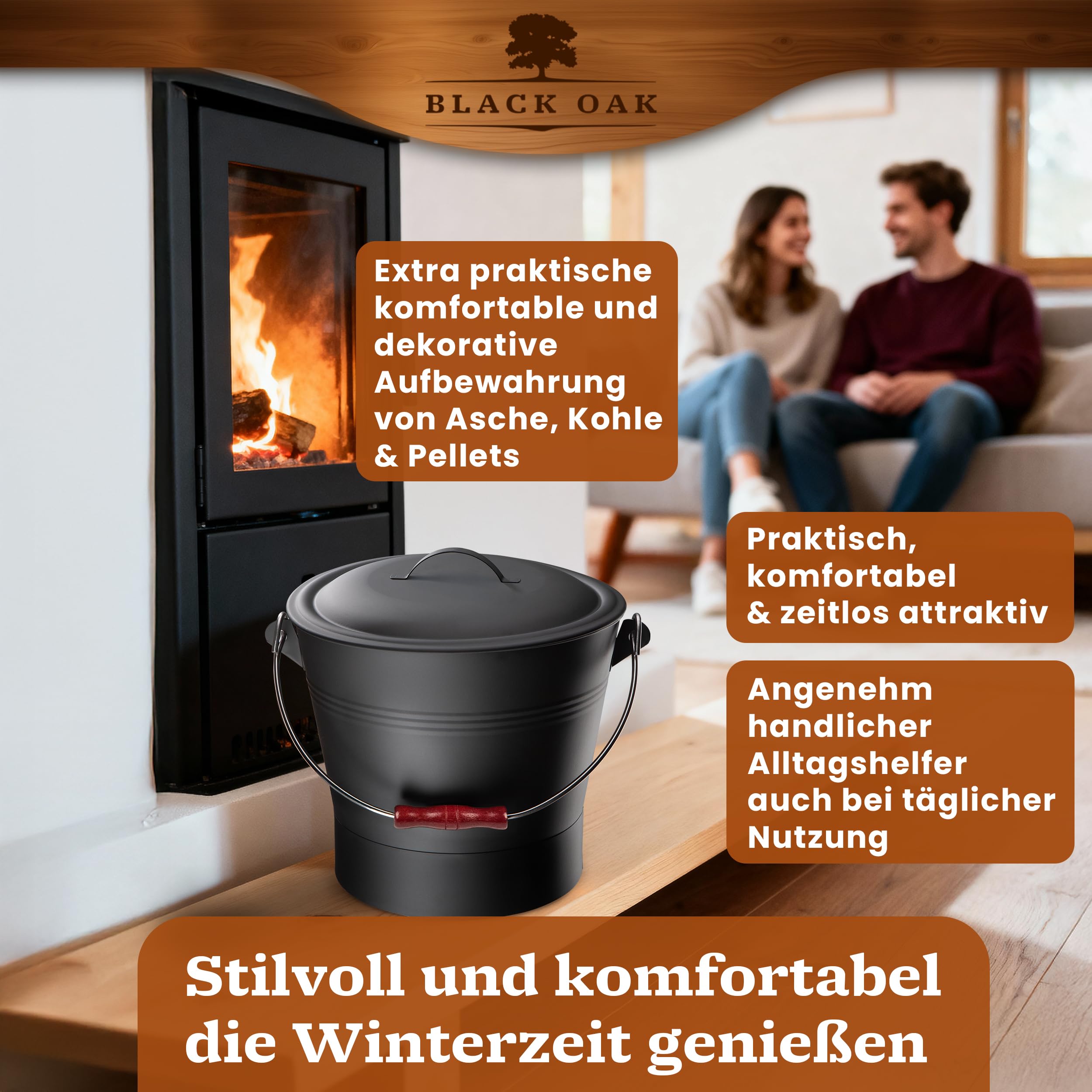 BLACK OAK LANIN - Secchio per cenere, 8 l, nero con coperchio e manico in legno scuro + spazzola, pala e guanti, 8 l, in acciaio zincato e verniciato a polvere, per pellet di carbone di cenere